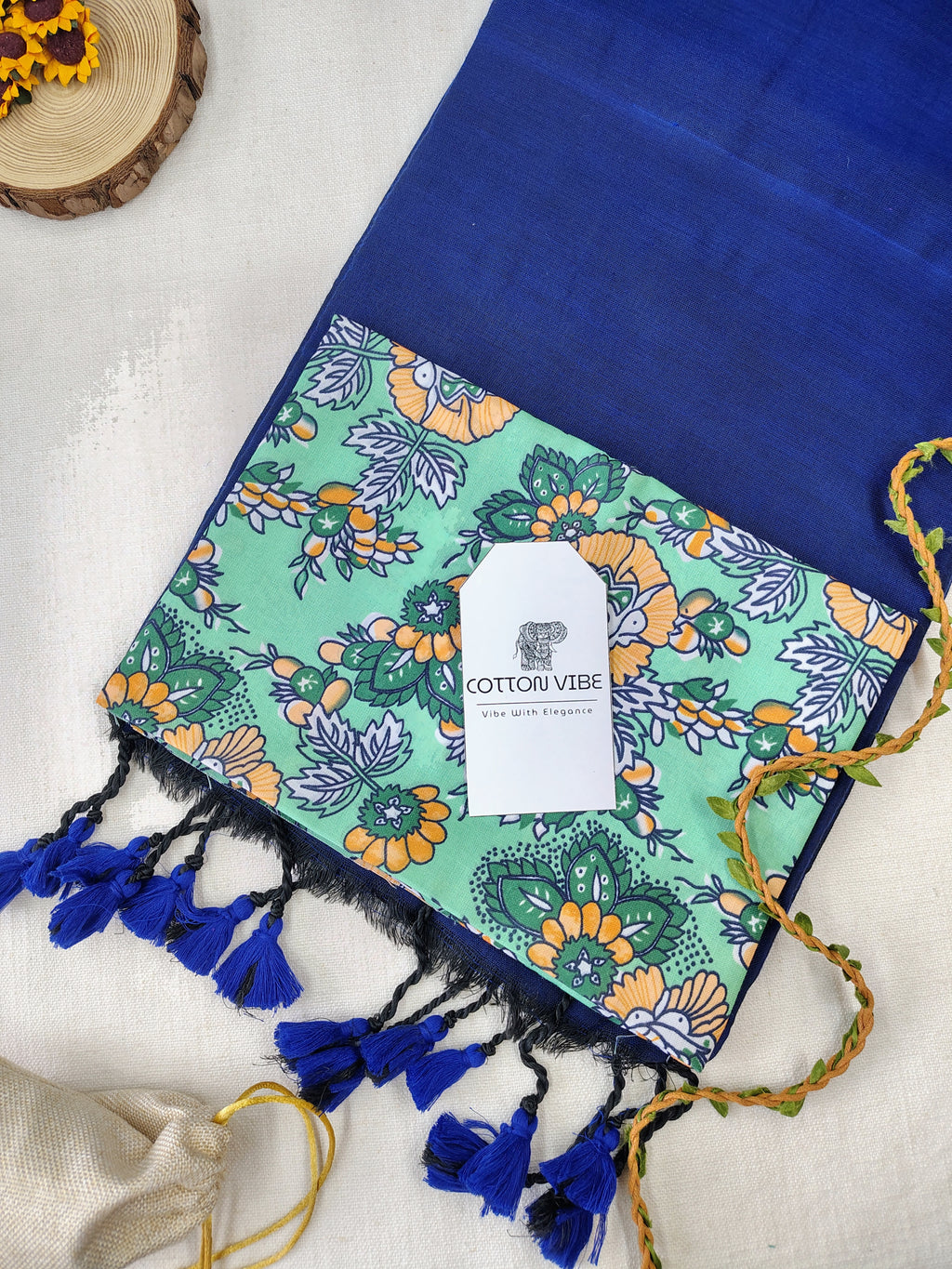 Blue Cotton Khadi Saree With Designer Flower Based Printed Blouse