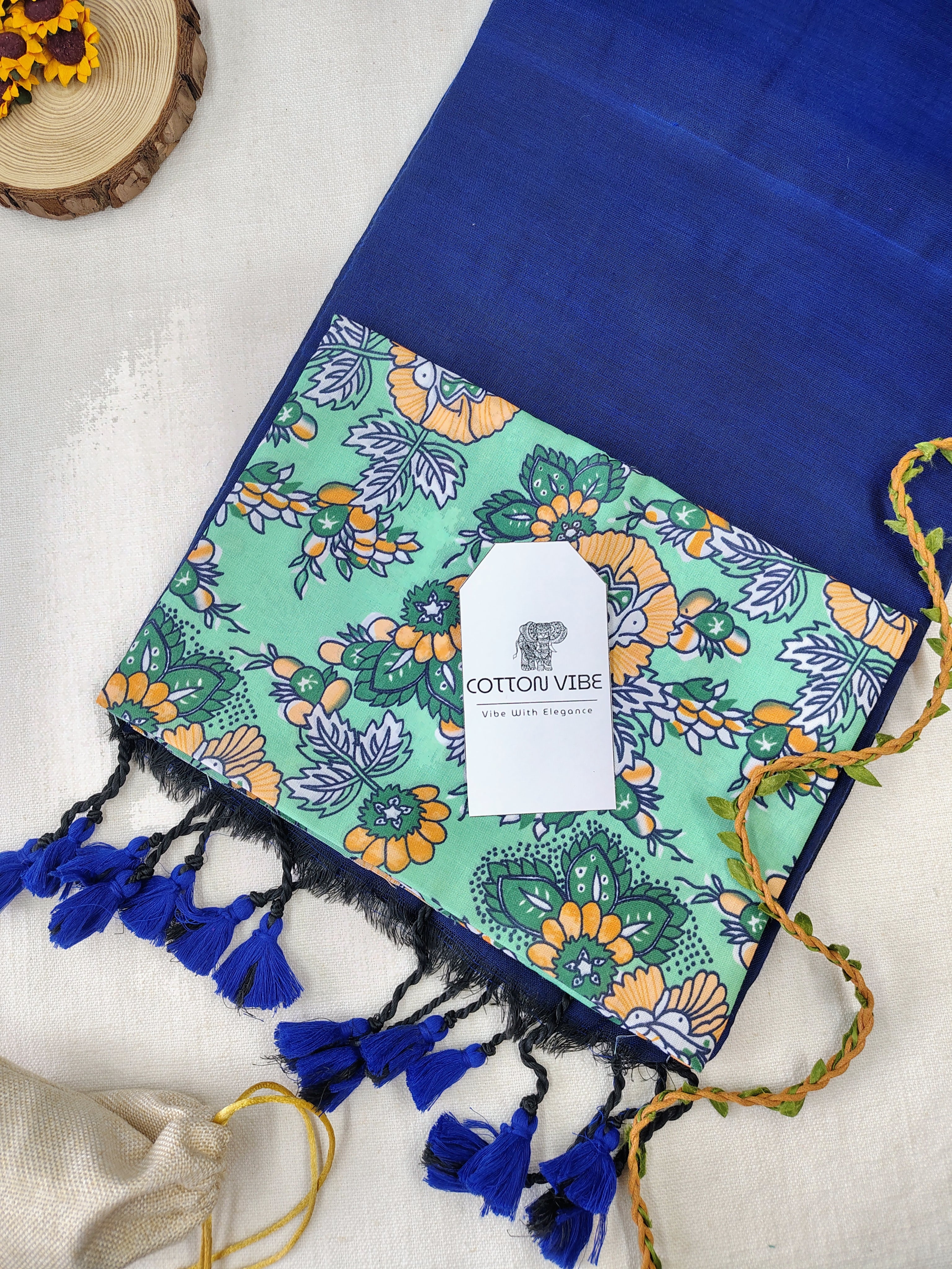 Blue Cotton Khadi Saree With Designer Flower Based Printed Blouse