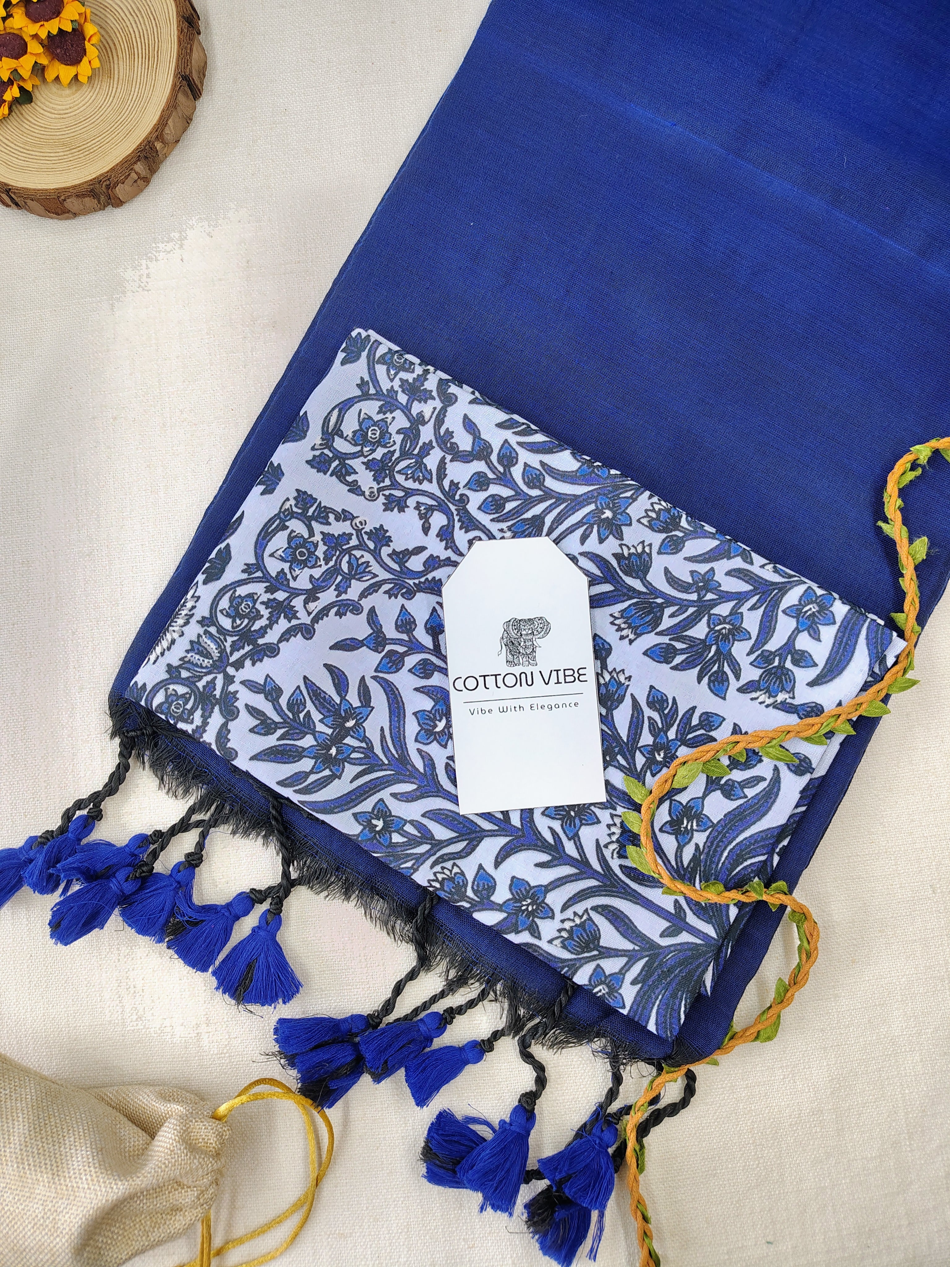 Blue Cotton Khadi Saree With Designer Flower Based Printed Blouse