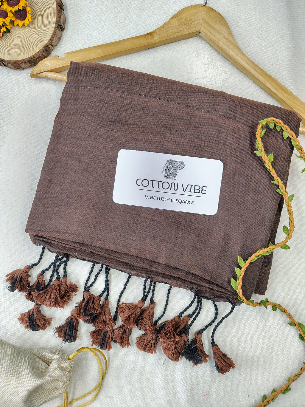 Coffee Cotton Khadi Saree With Designer Flower Based Printed Blouse