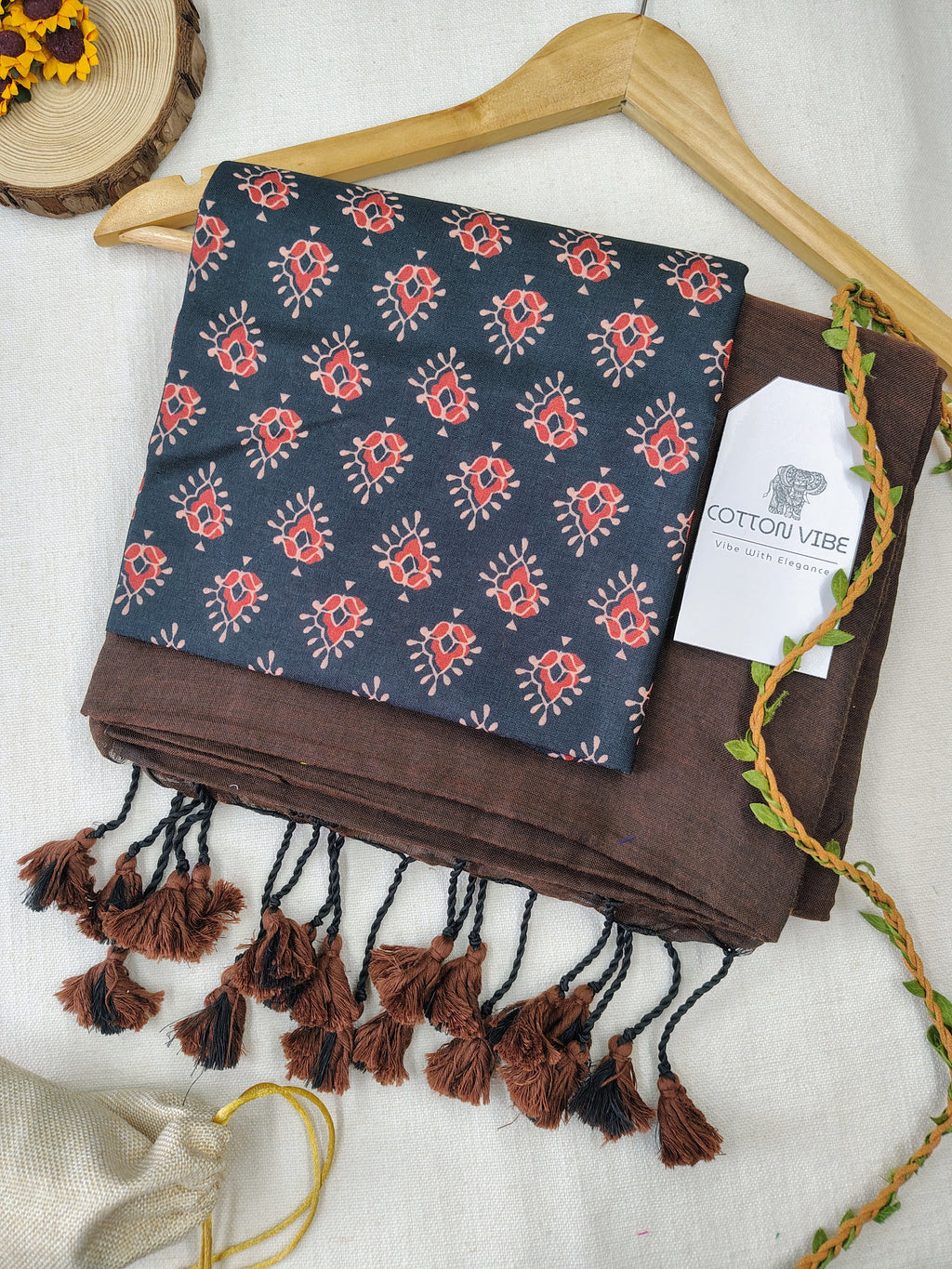 Coffee Cotton Khadi Saree With Designer Flower Based Printed Blouse