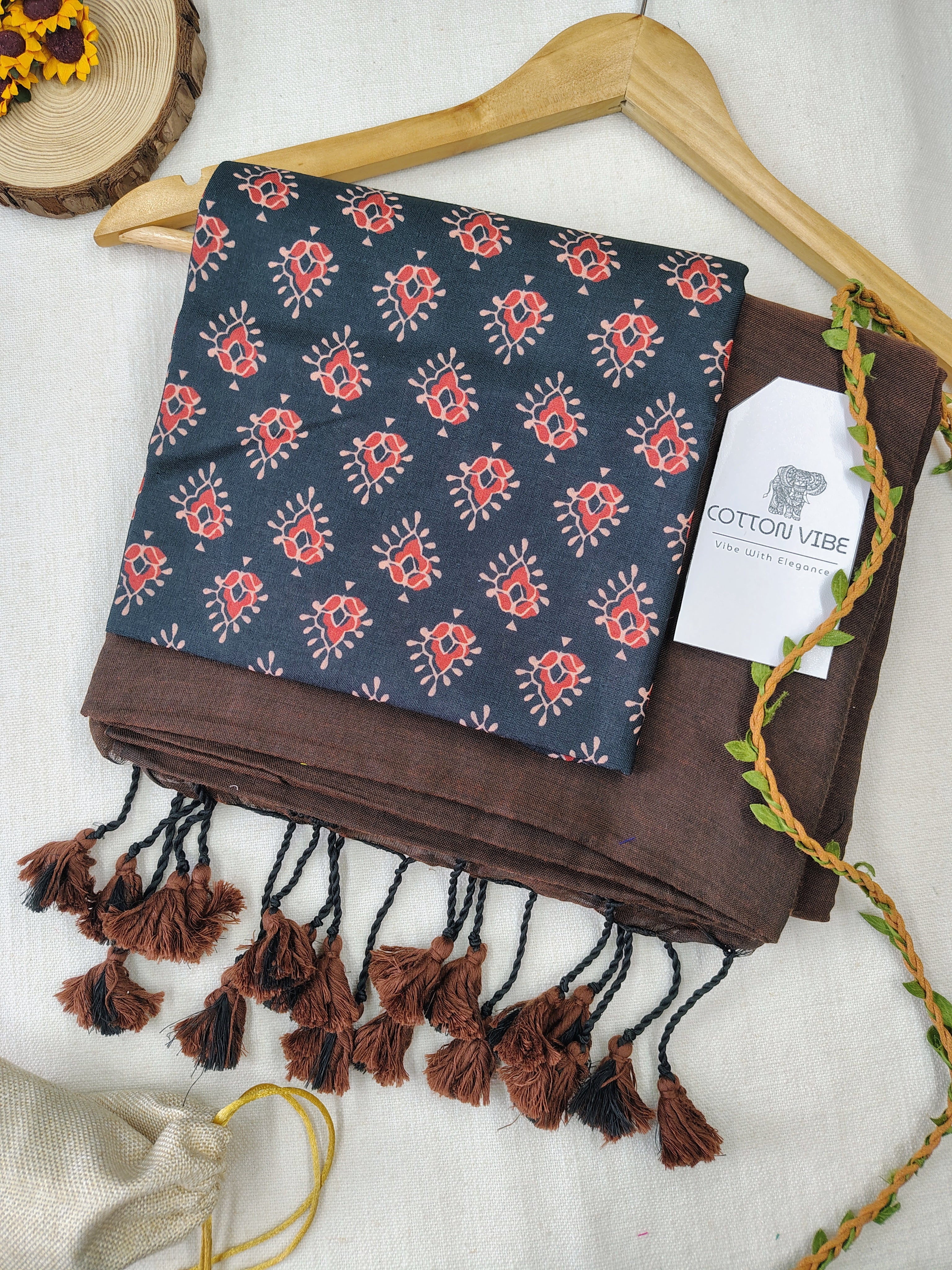 Coffee Cotton Khadi Saree With Designer Flower Based Printed Blouse