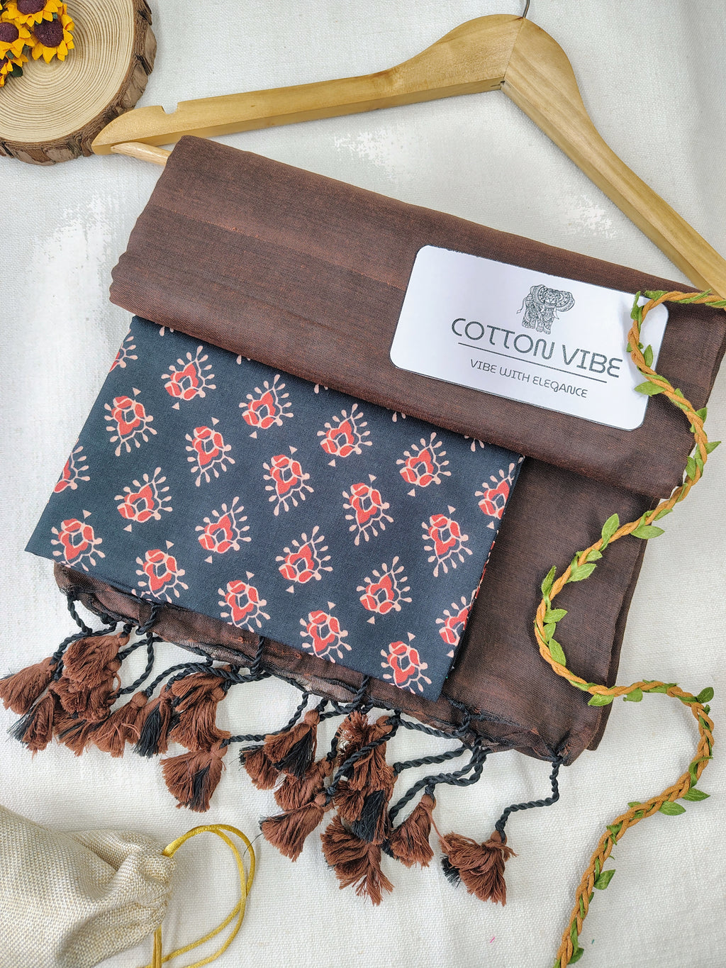 Coffee Cotton Khadi Saree With Designer Flower Based Printed Blouse