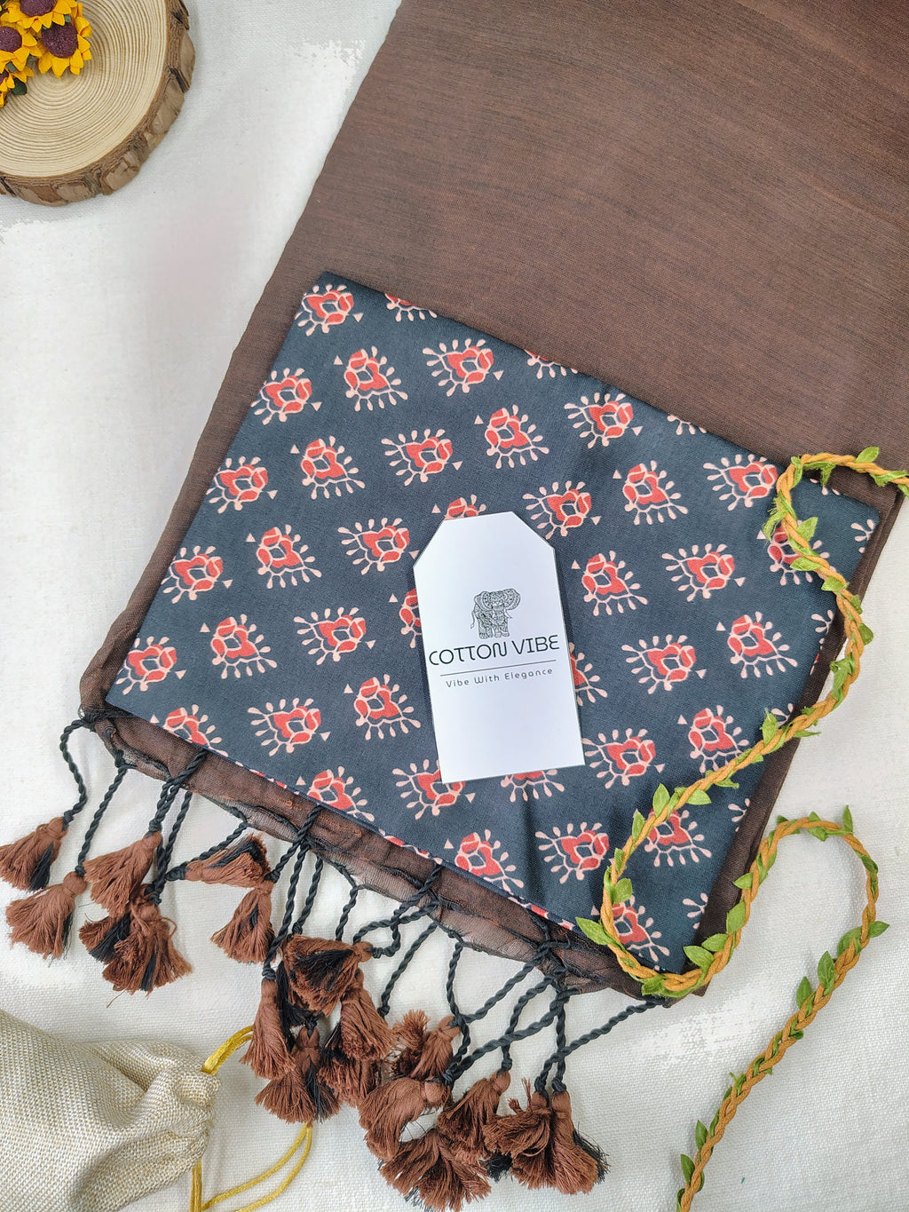 Coffee Cotton Khadi Saree With Designer Flower Based Printed Blouse