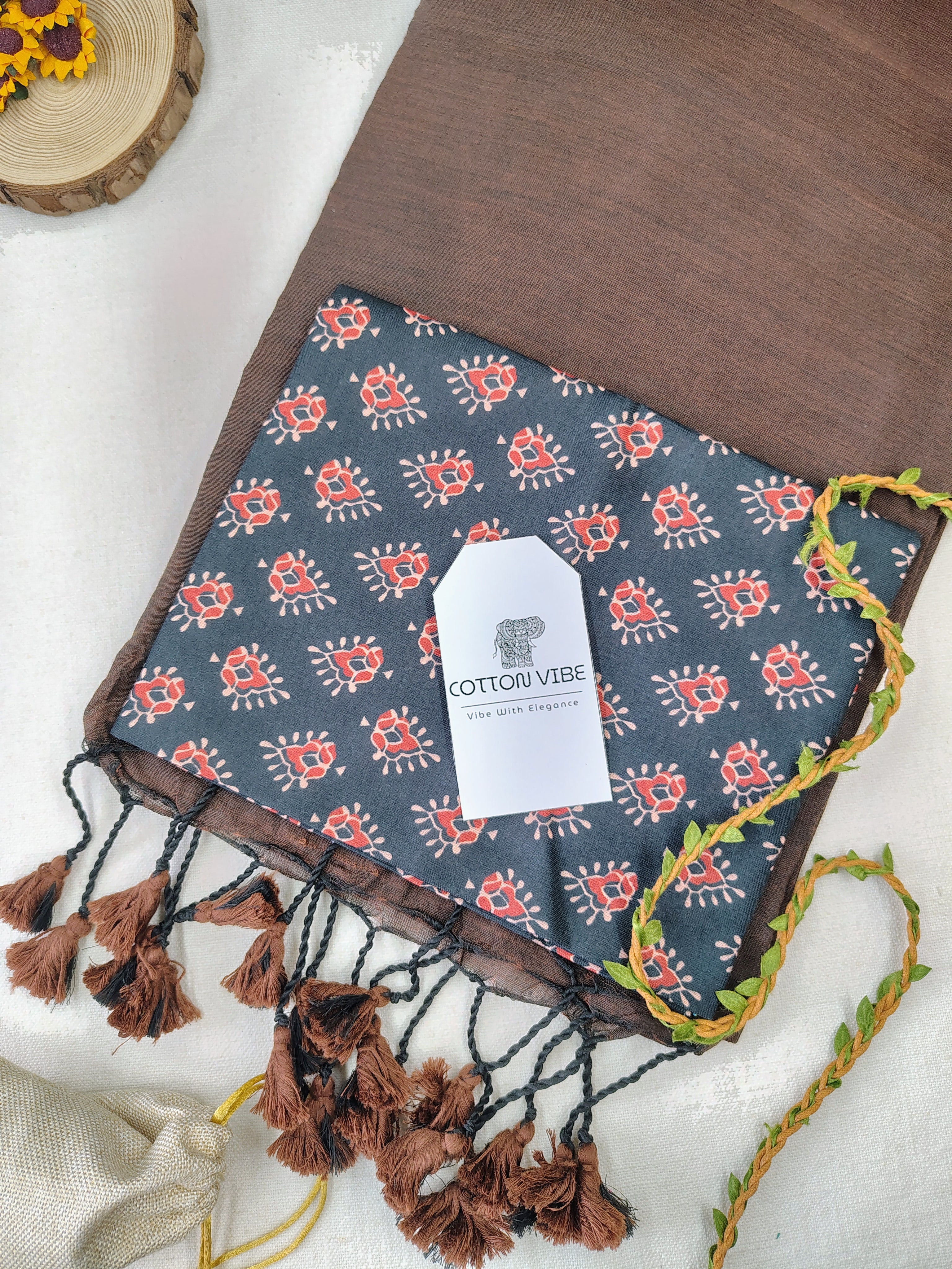 Coffee Cotton Khadi Saree With Designer Flower Based Printed Blouse