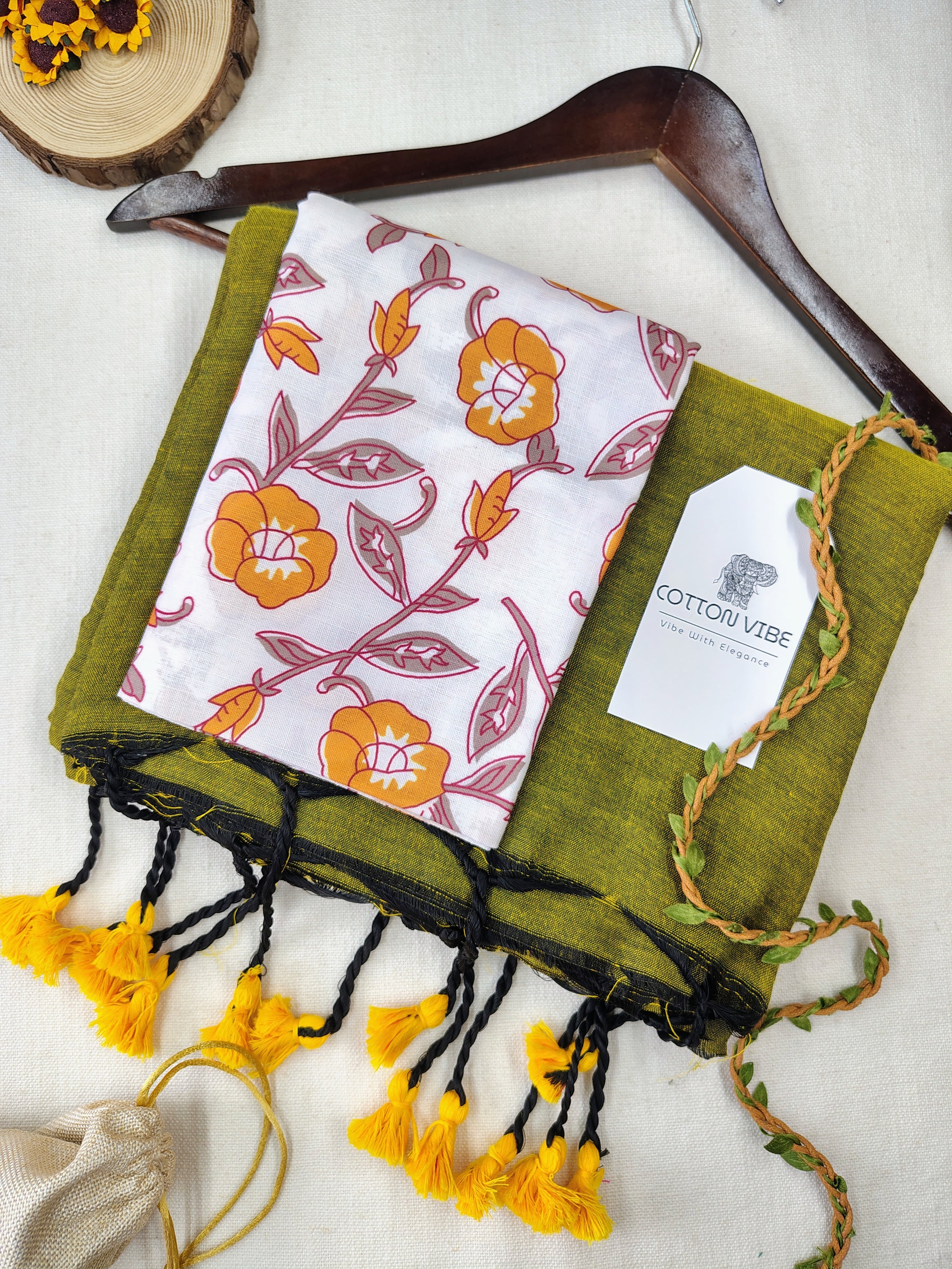 Olive Cotton Khadi Saree With Designer Flower Based Printed Blouse