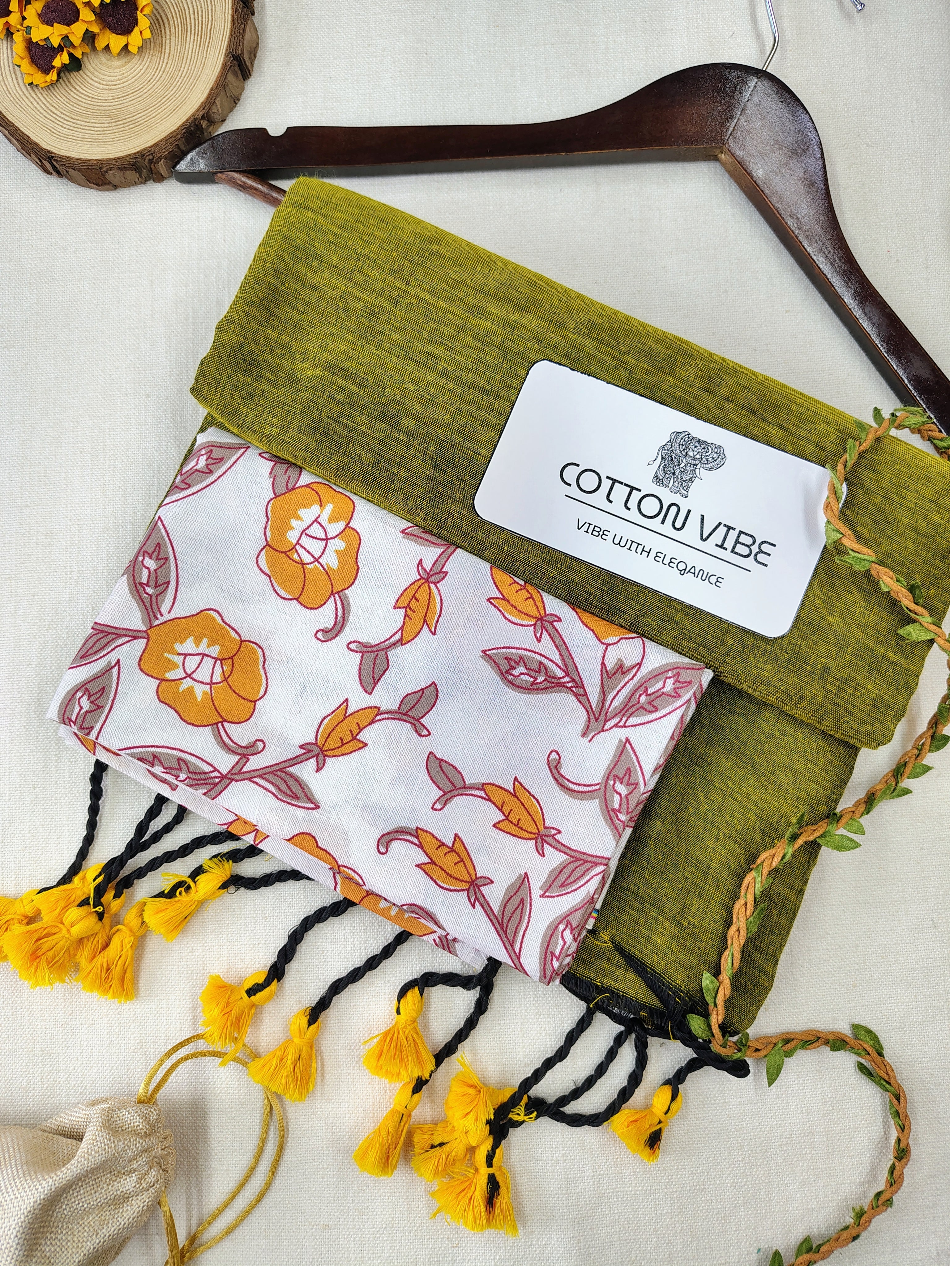 Olive Cotton Khadi Saree With Designer Flower Based Printed Blouse