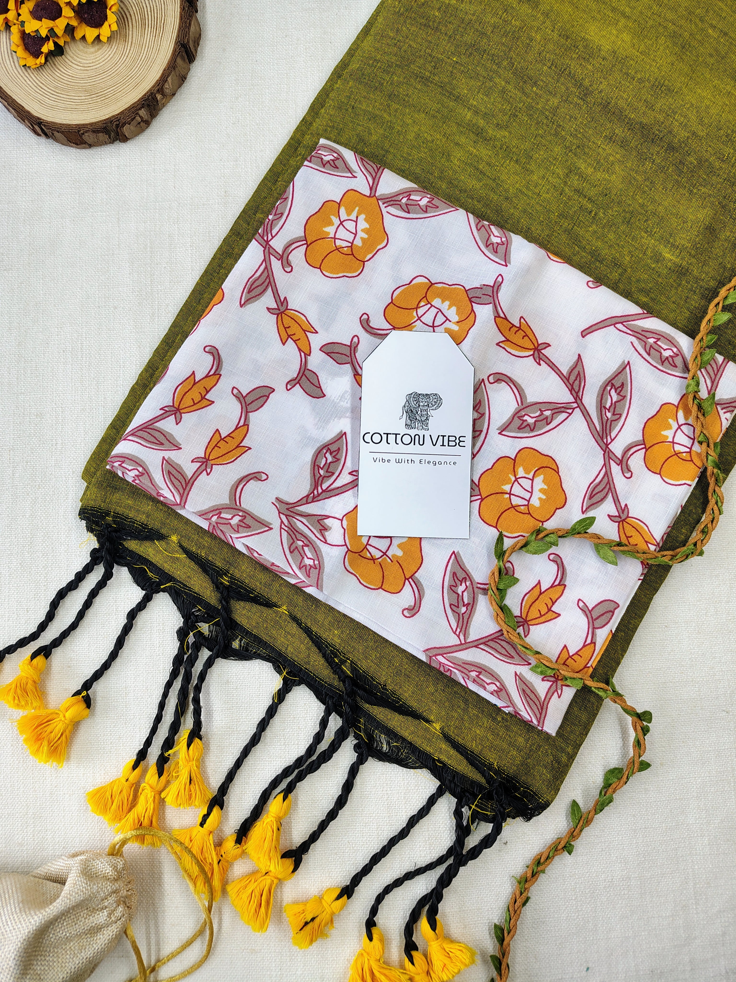 Olive Cotton Khadi Saree With Designer Flower Based Printed Blouse