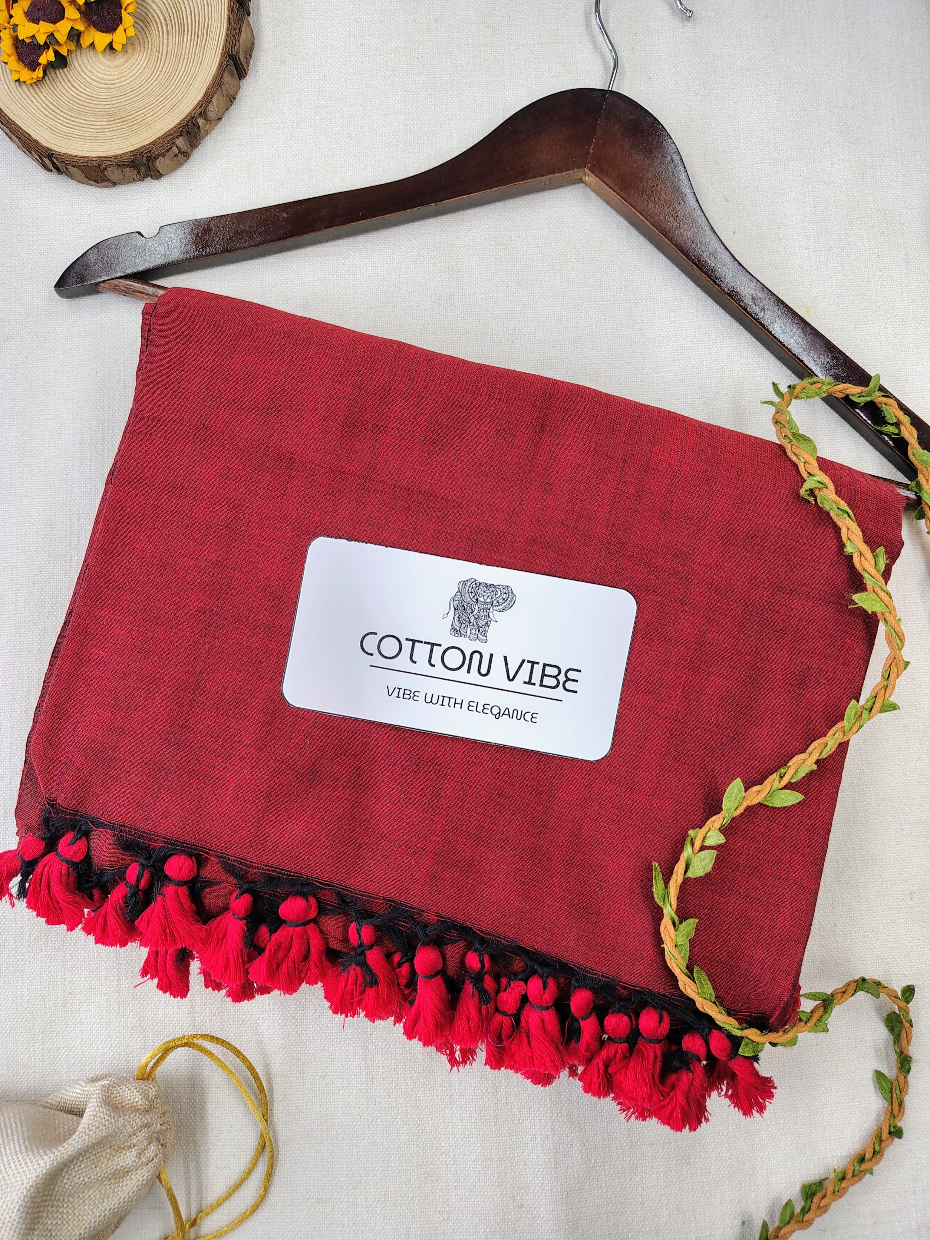 Maroon Cotton Khadi Saree With Designer Flower Based Printed Blouse