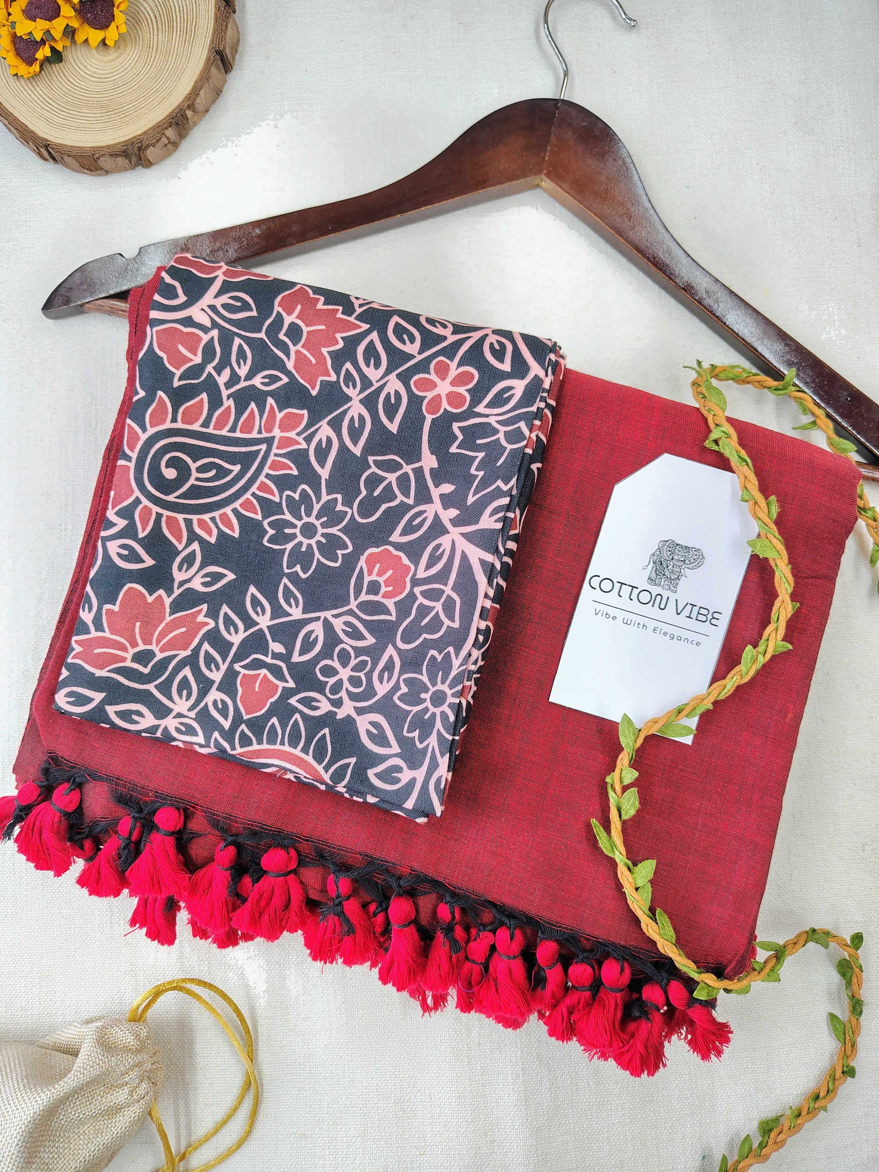 Maroon Cotton Khadi Saree With Designer Flower Based Printed Blouse