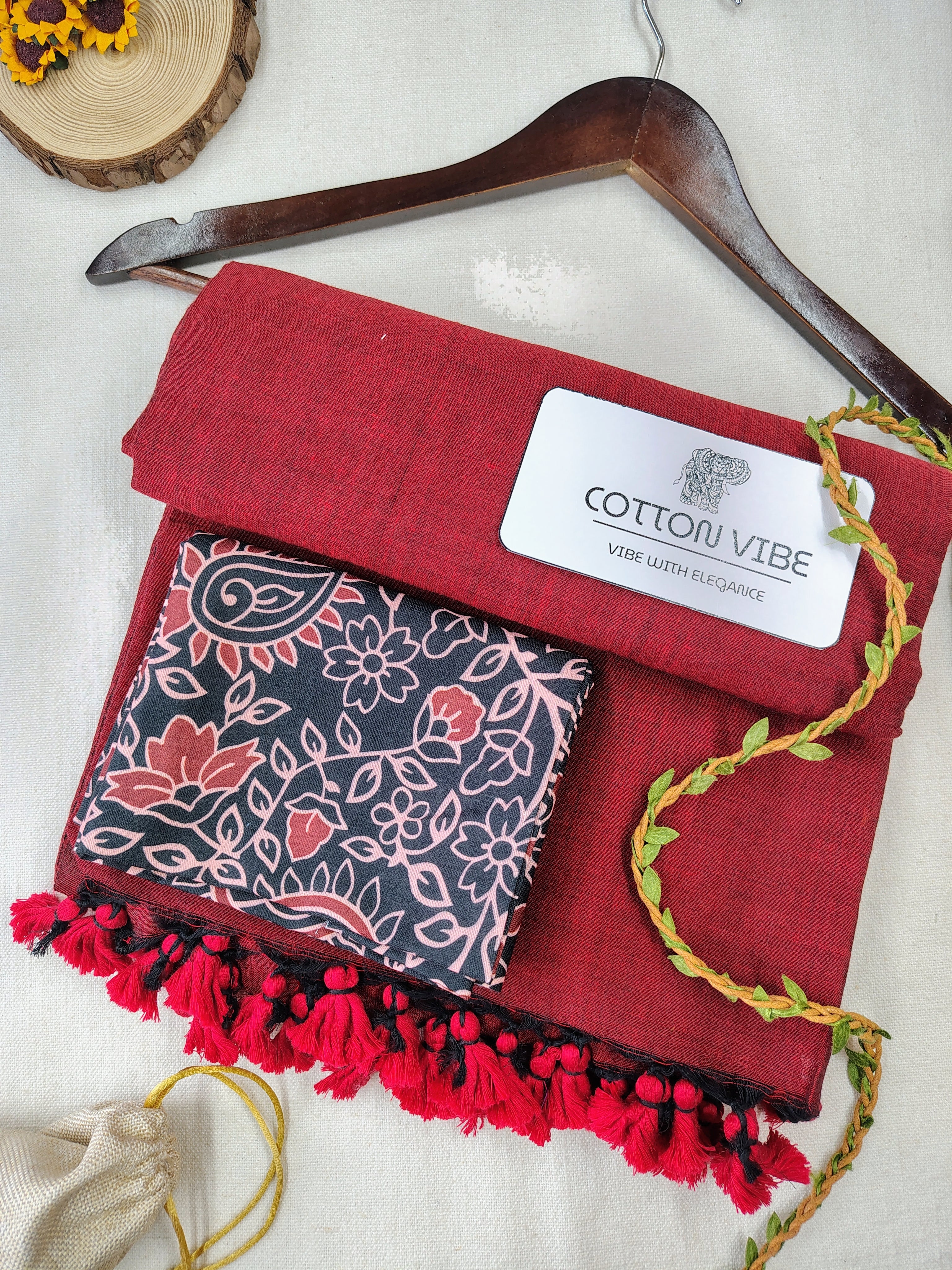 Maroon Cotton Khadi Saree With Designer Flower Based Printed Blouse