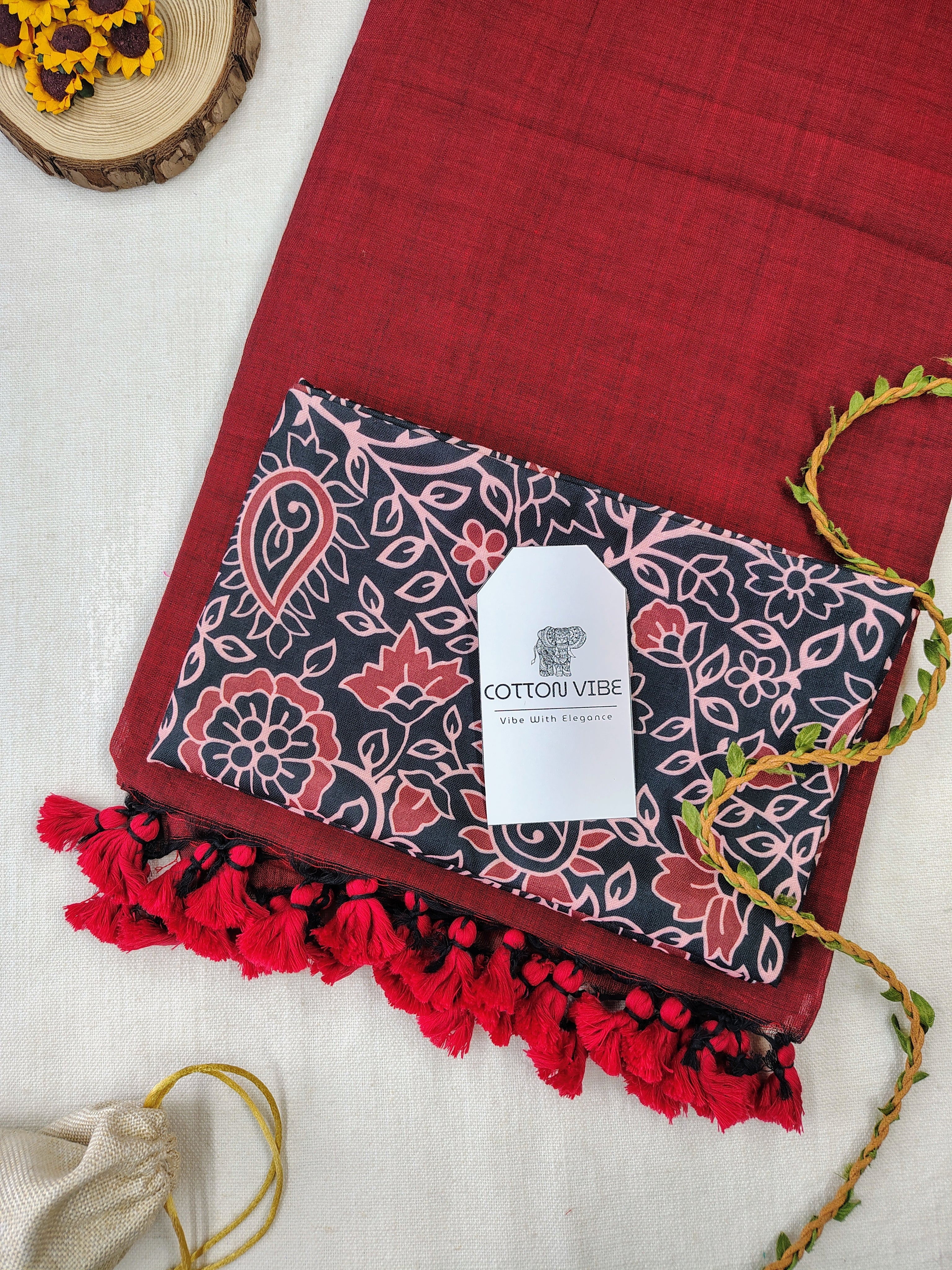Maroon Cotton Khadi Saree With Designer Flower Based Printed Blouse