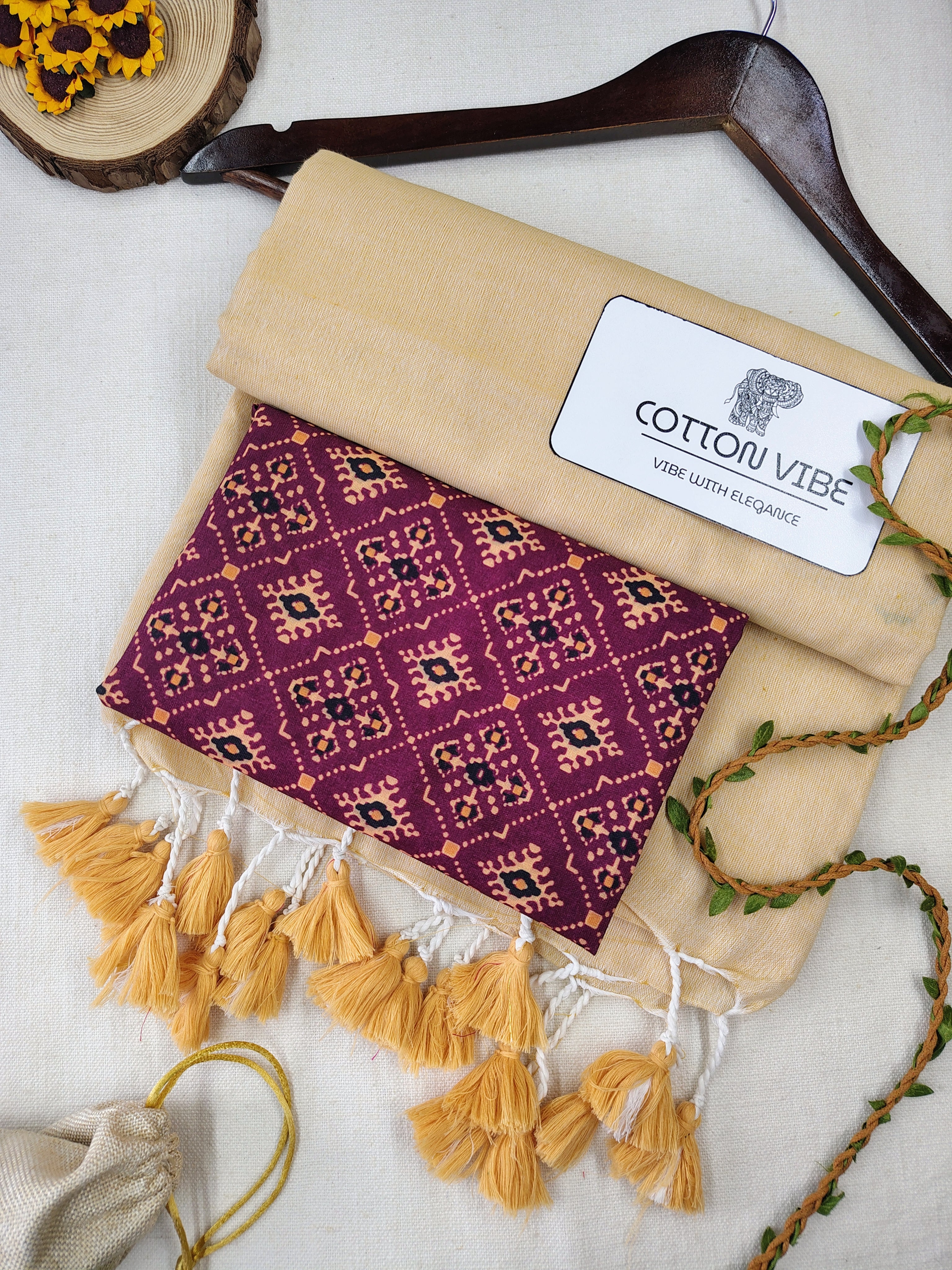 Cream Cotton Khadi Saree With Designer Flower Based Printed Blouse