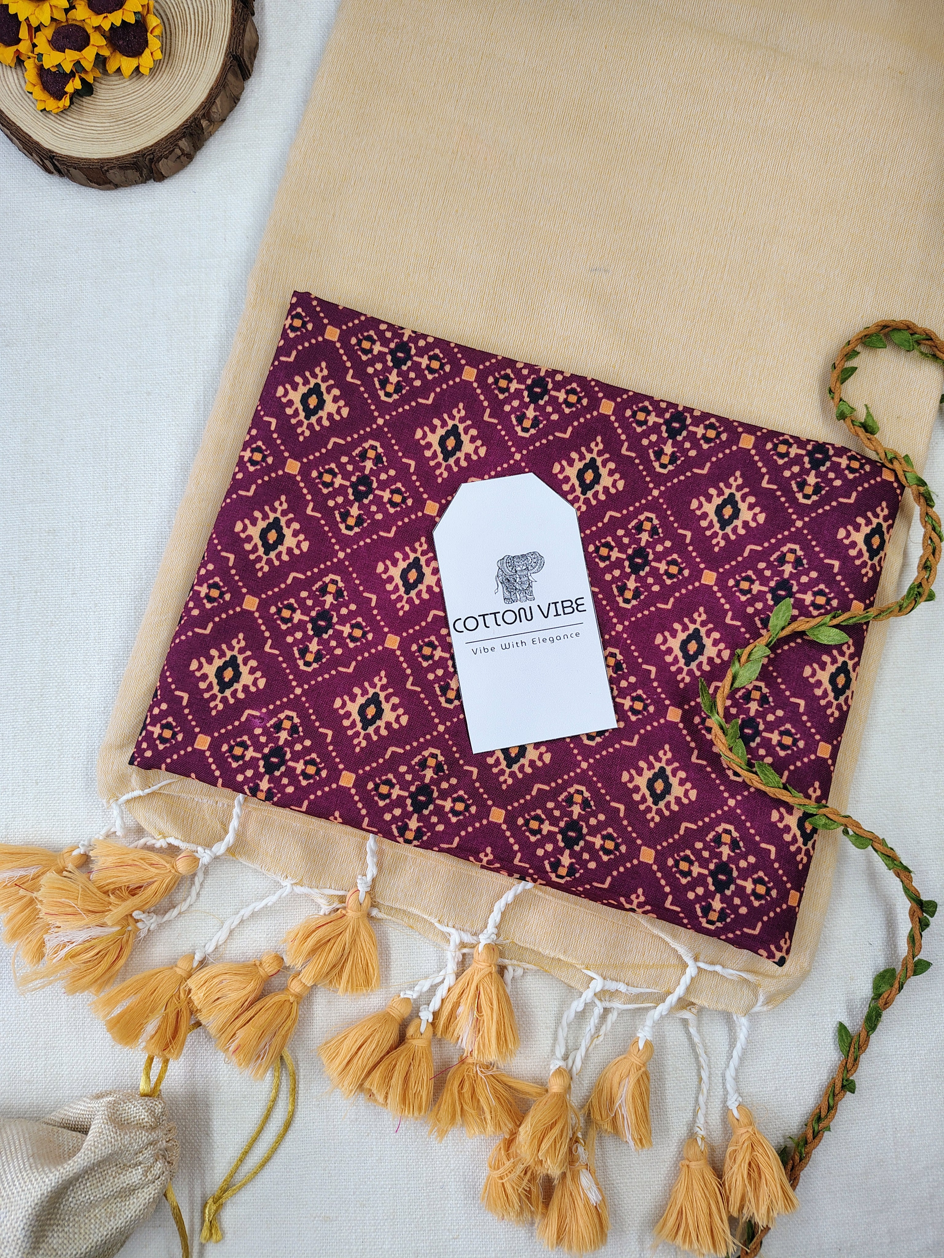 Cream Cotton Khadi Saree With Designer Flower Based Printed Blouse