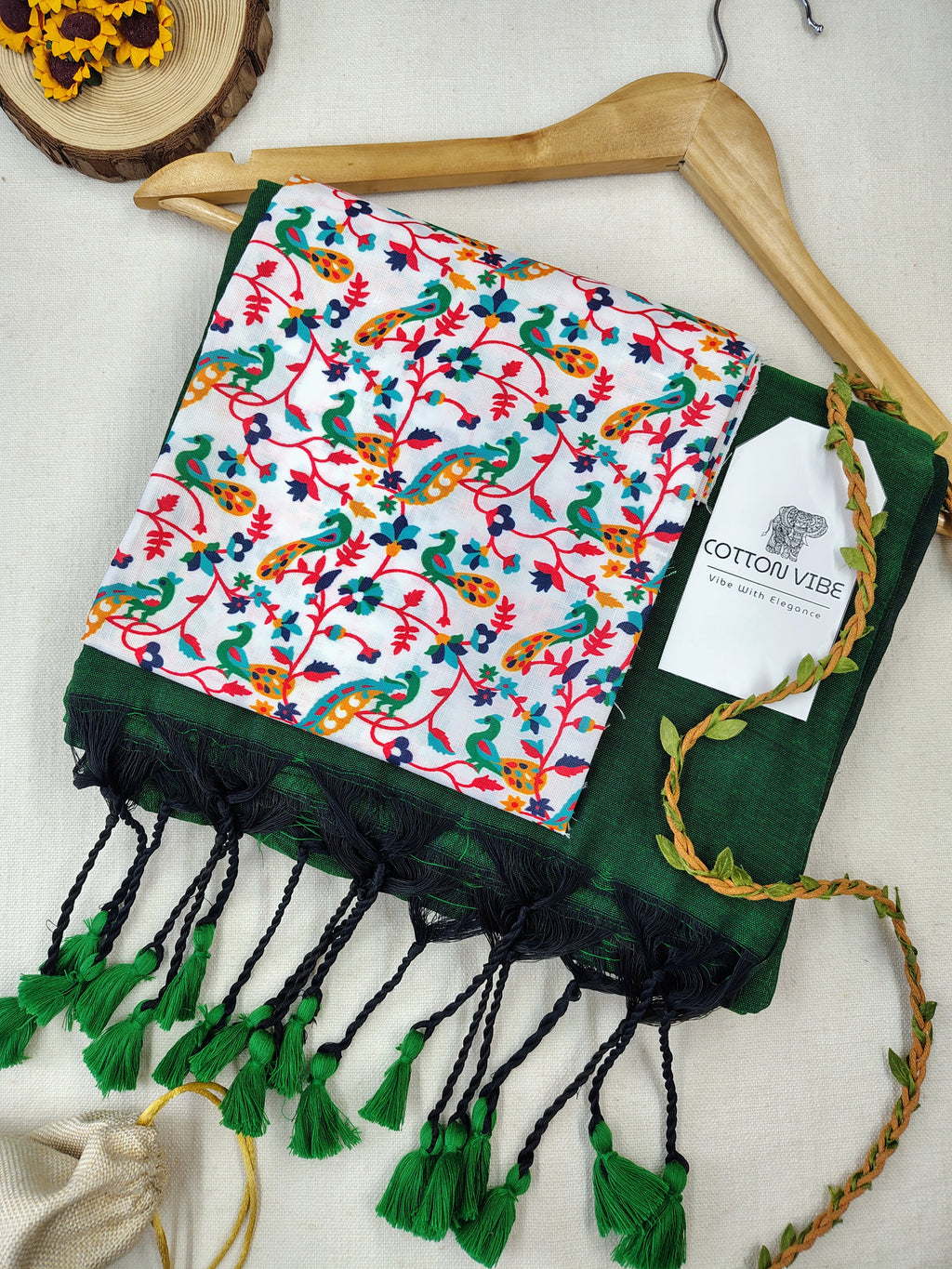 Green Cotton Khadi Saree With Designer Flower Based Printed Blouse