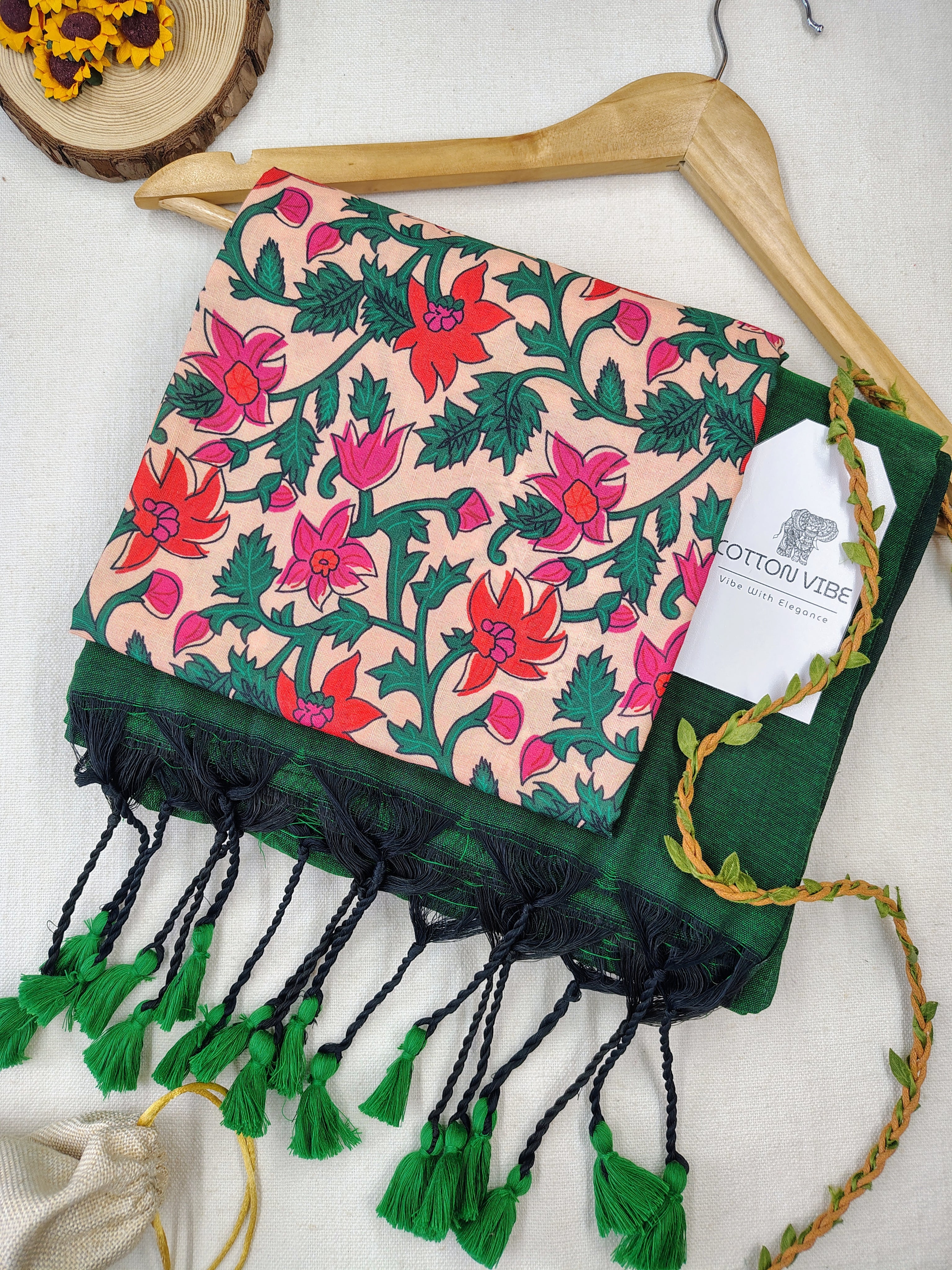 Green Cotton Khadi Saree With Designer Flower Based Printed Blouse