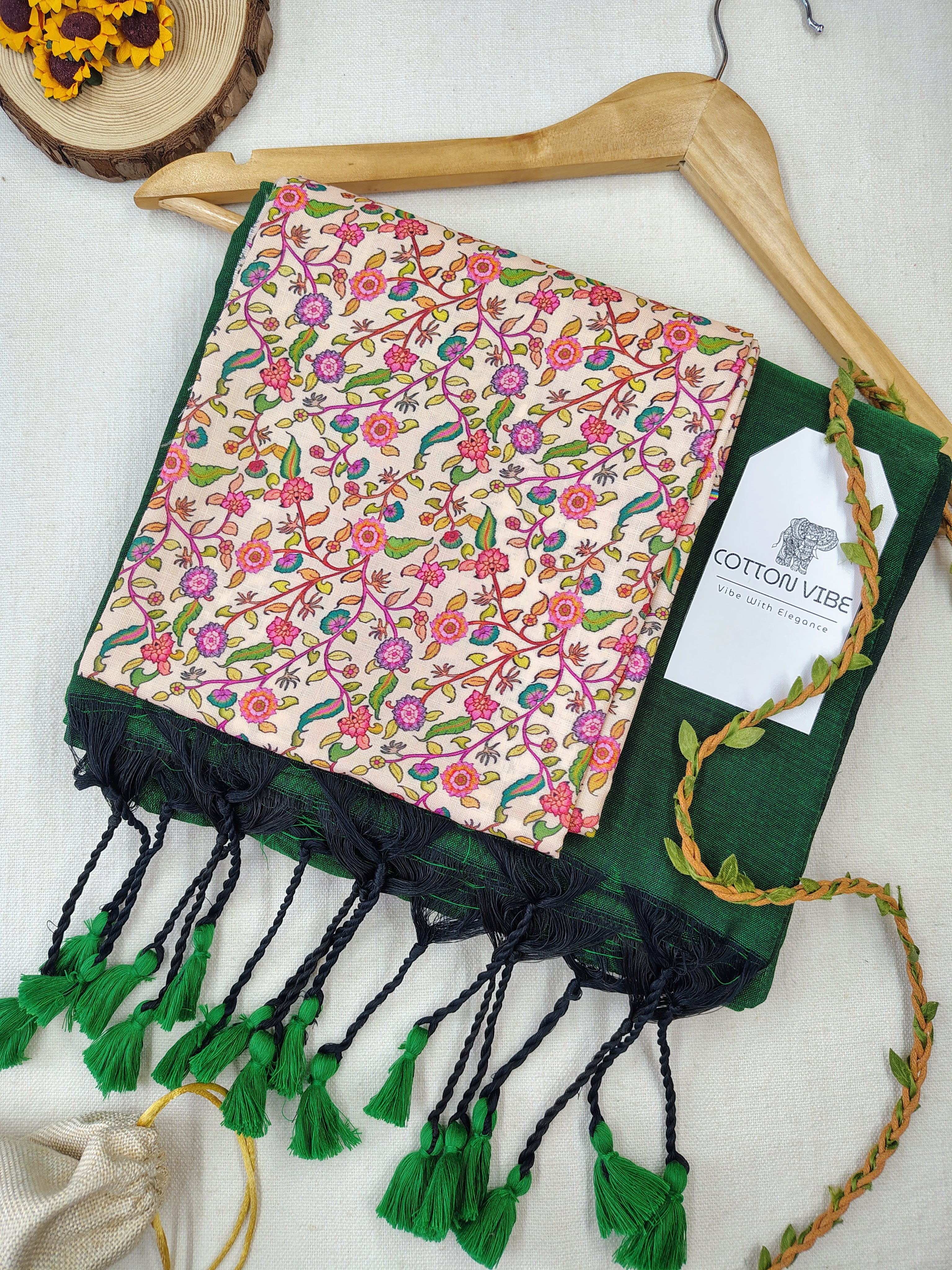 Green Cotton Khadi Saree With Designer Flower Based Printed Blouse