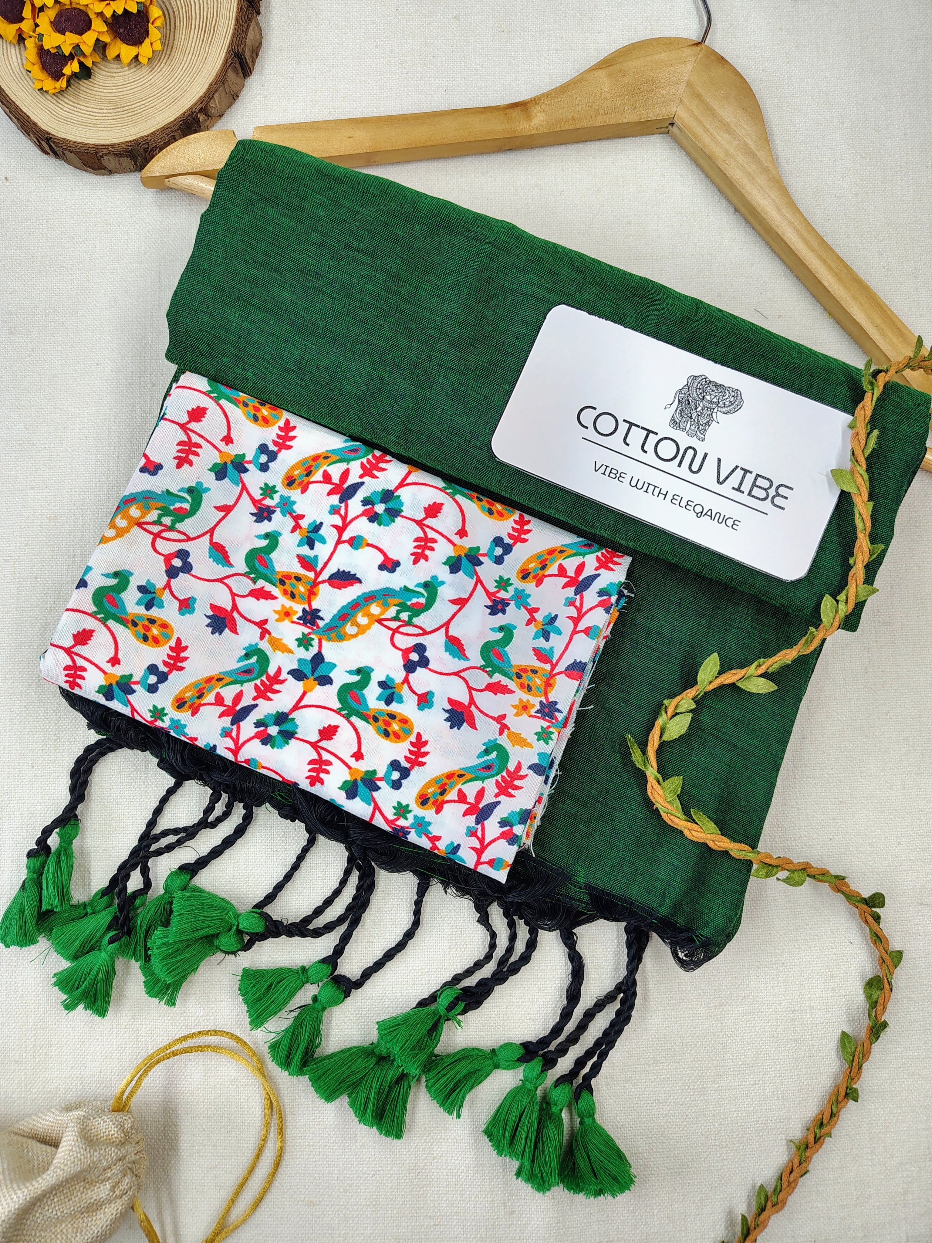 Green Cotton Khadi Saree With Designer Flower Based Printed Blouse