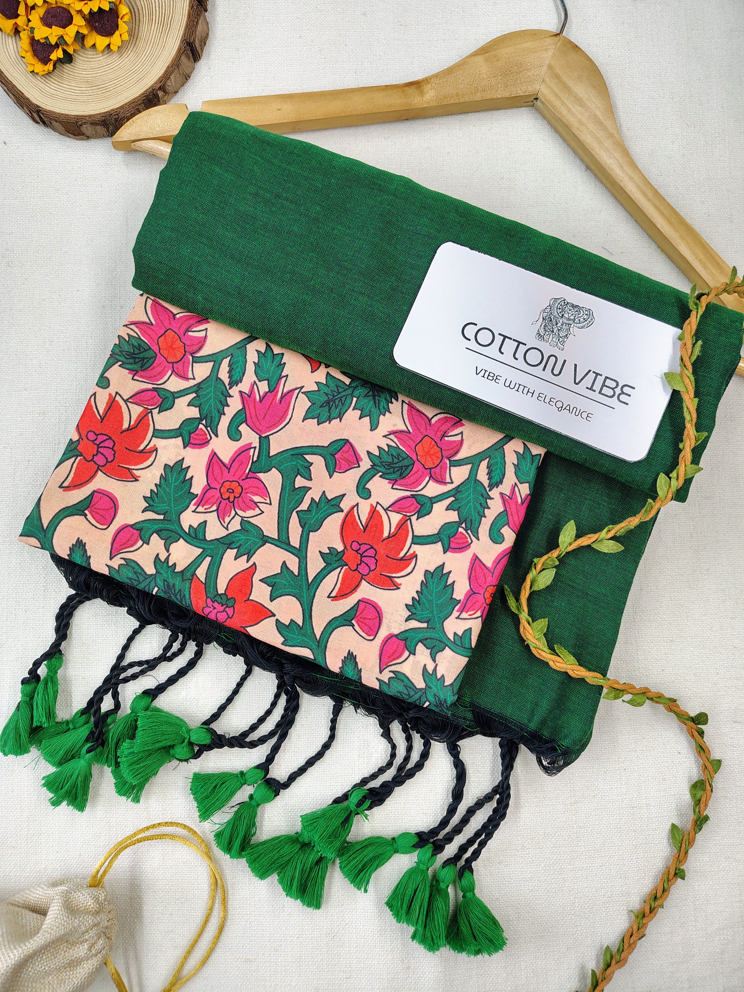 Green Cotton Khadi Saree With Designer Flower Based Printed Blouse
