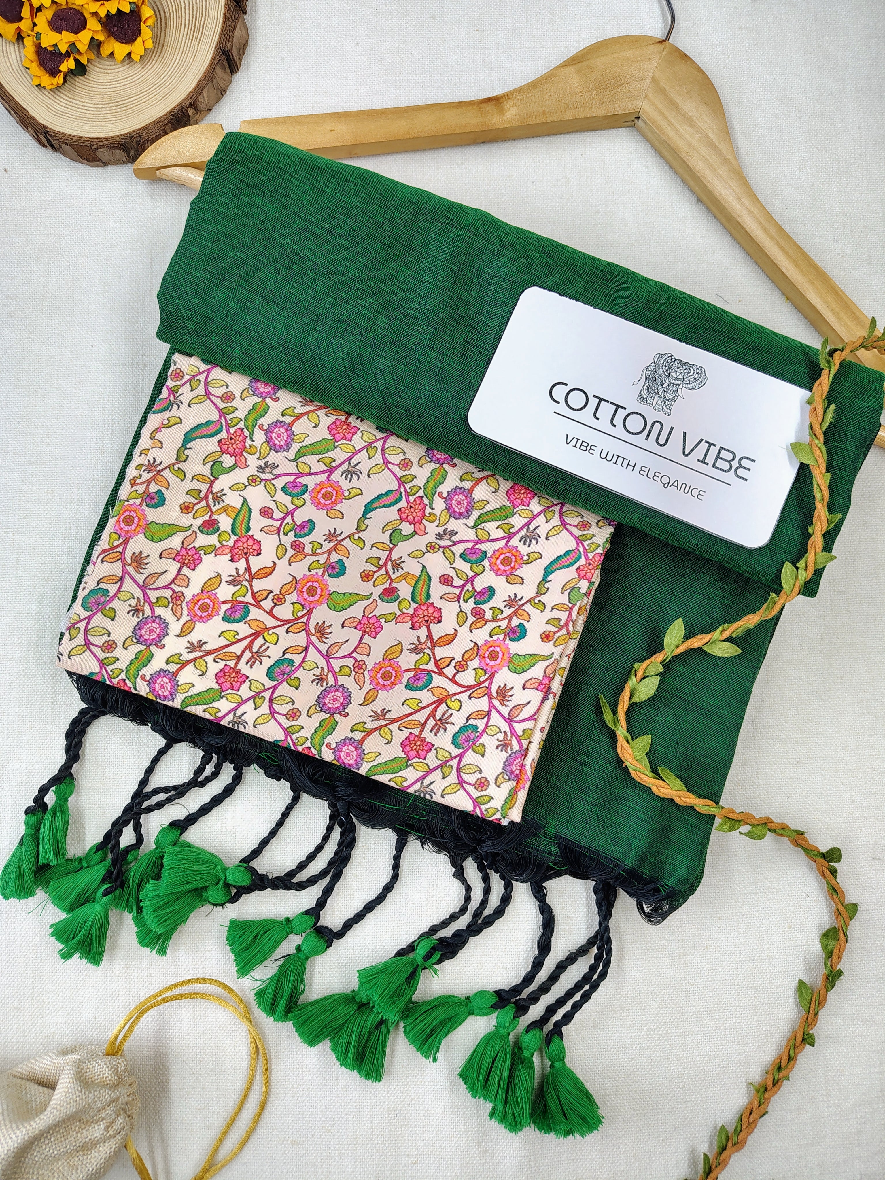 Green Cotton Khadi Saree With Designer Flower Based Printed Blouse