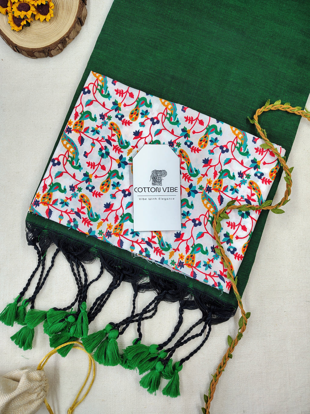 Green Cotton Khadi Saree With Designer Flower Based Printed Blouse