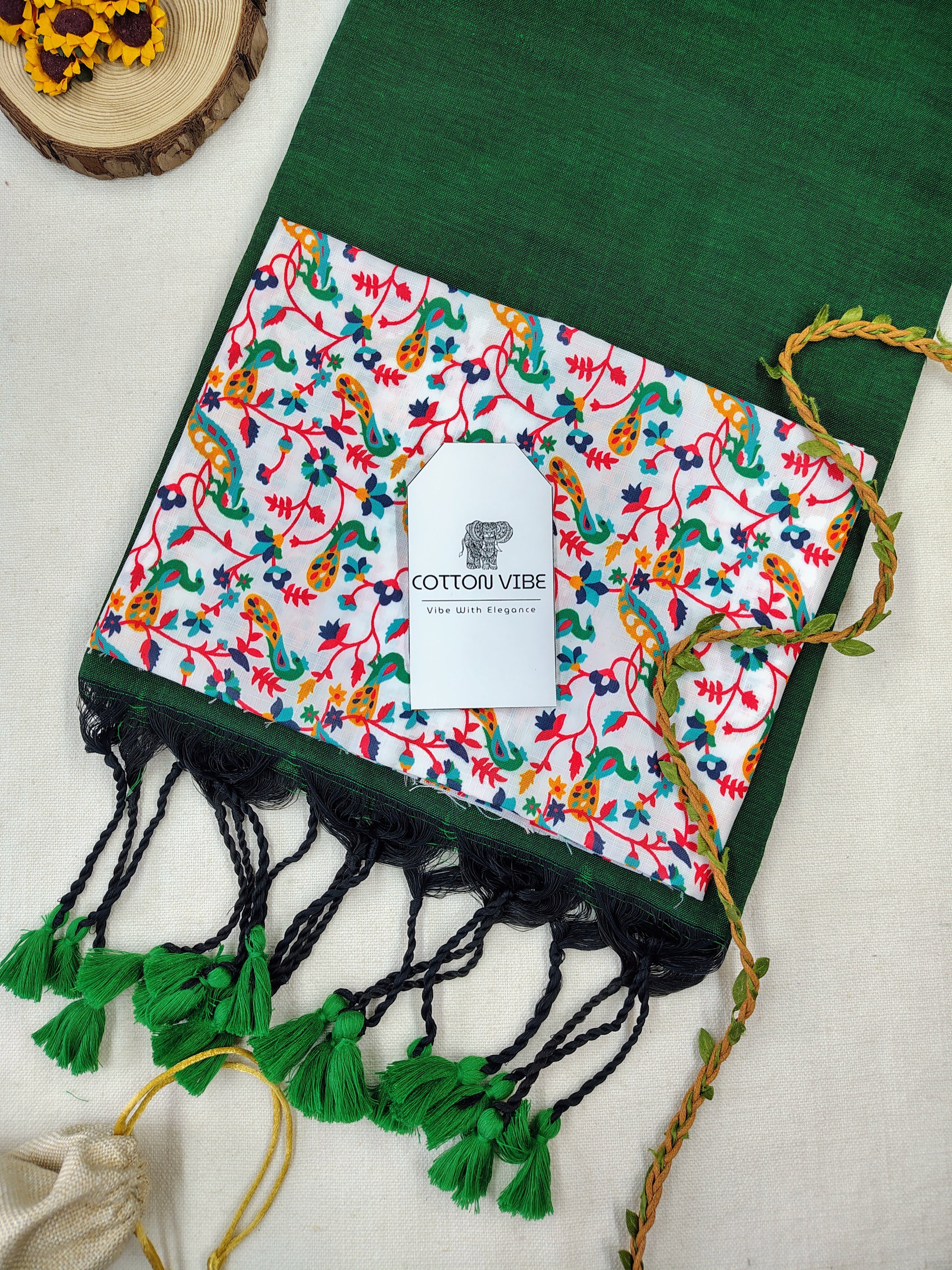 Green Cotton Khadi Saree With Designer Flower Based Printed Blouse