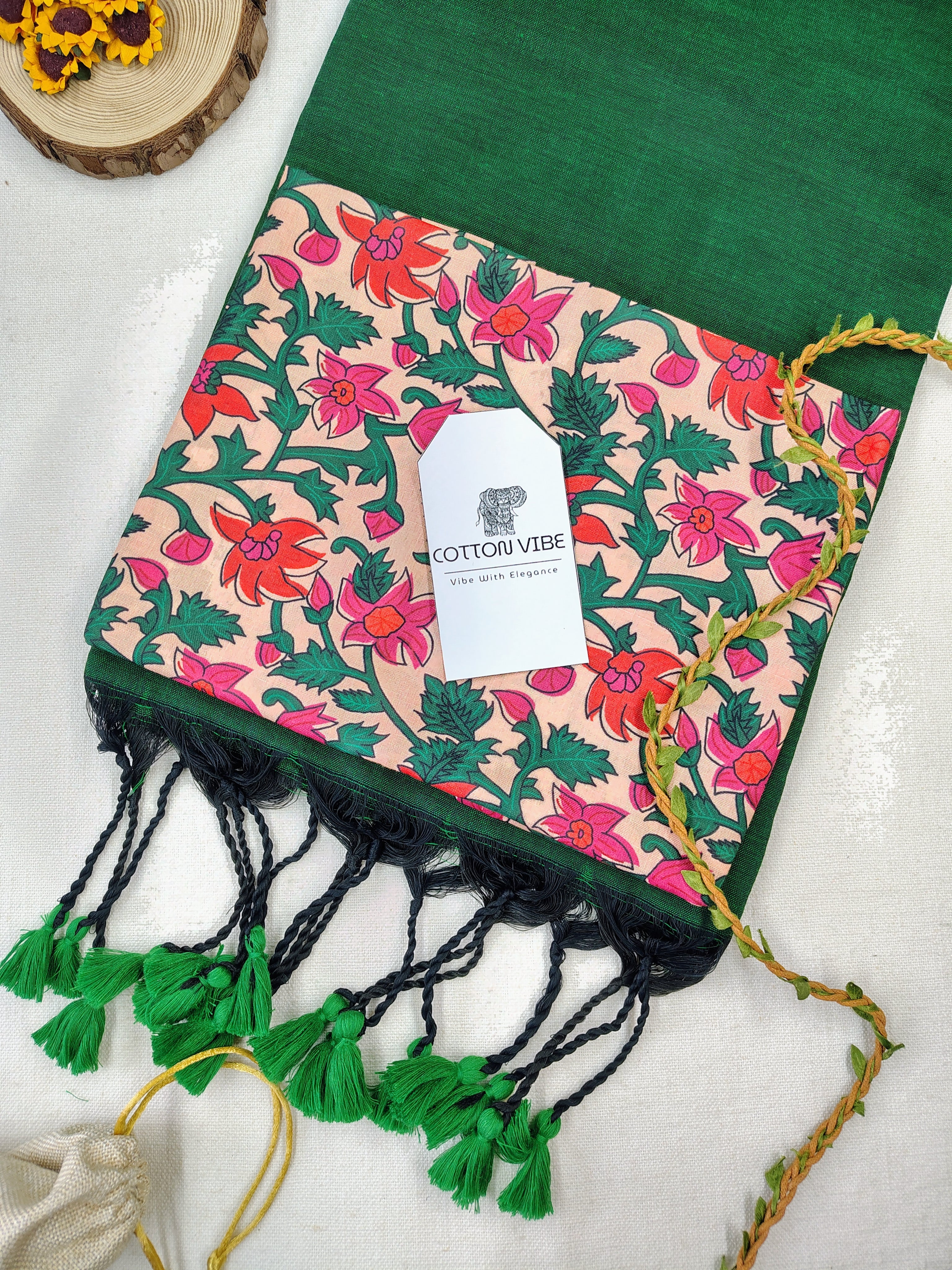 Green Cotton Khadi Saree With Designer Flower Based Printed Blouse
