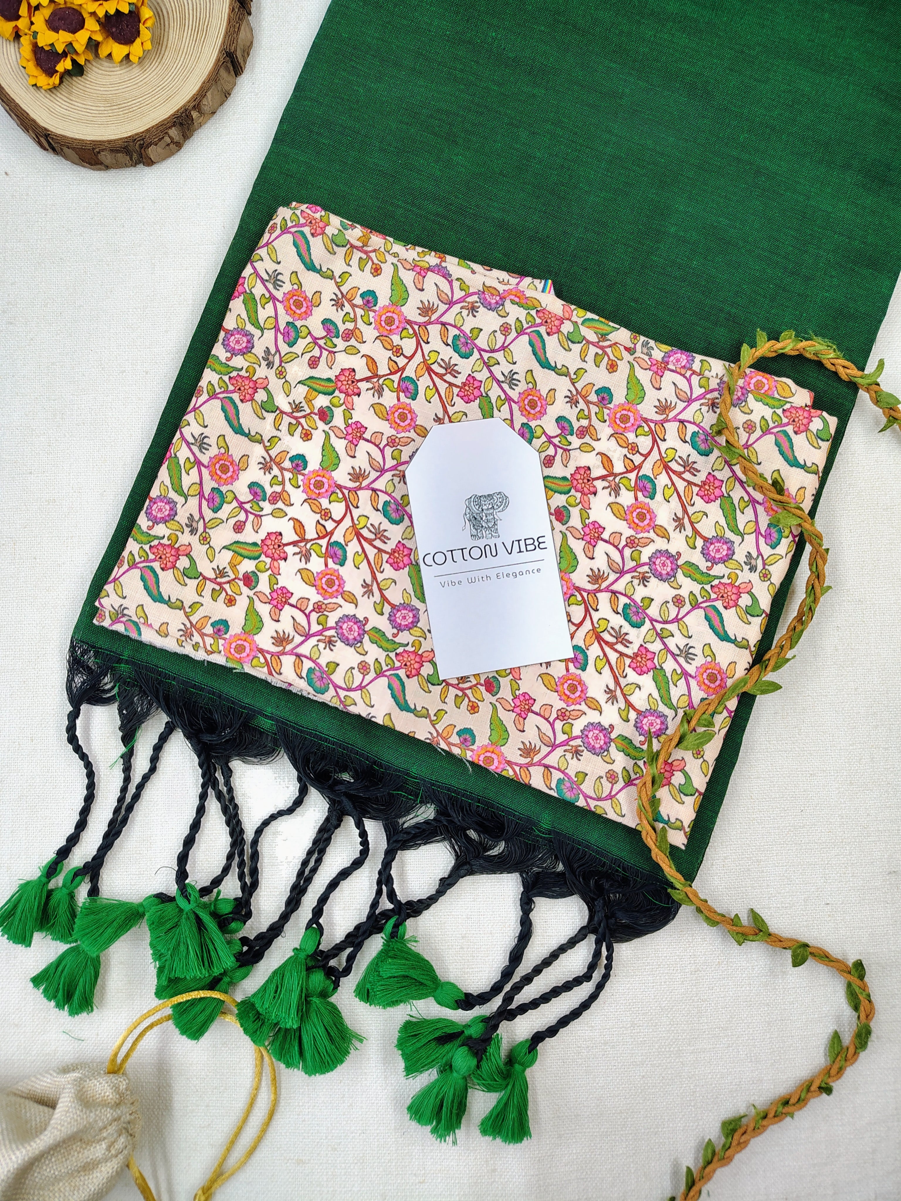 Green Cotton Khadi Saree With Designer Flower Based Printed Blouse