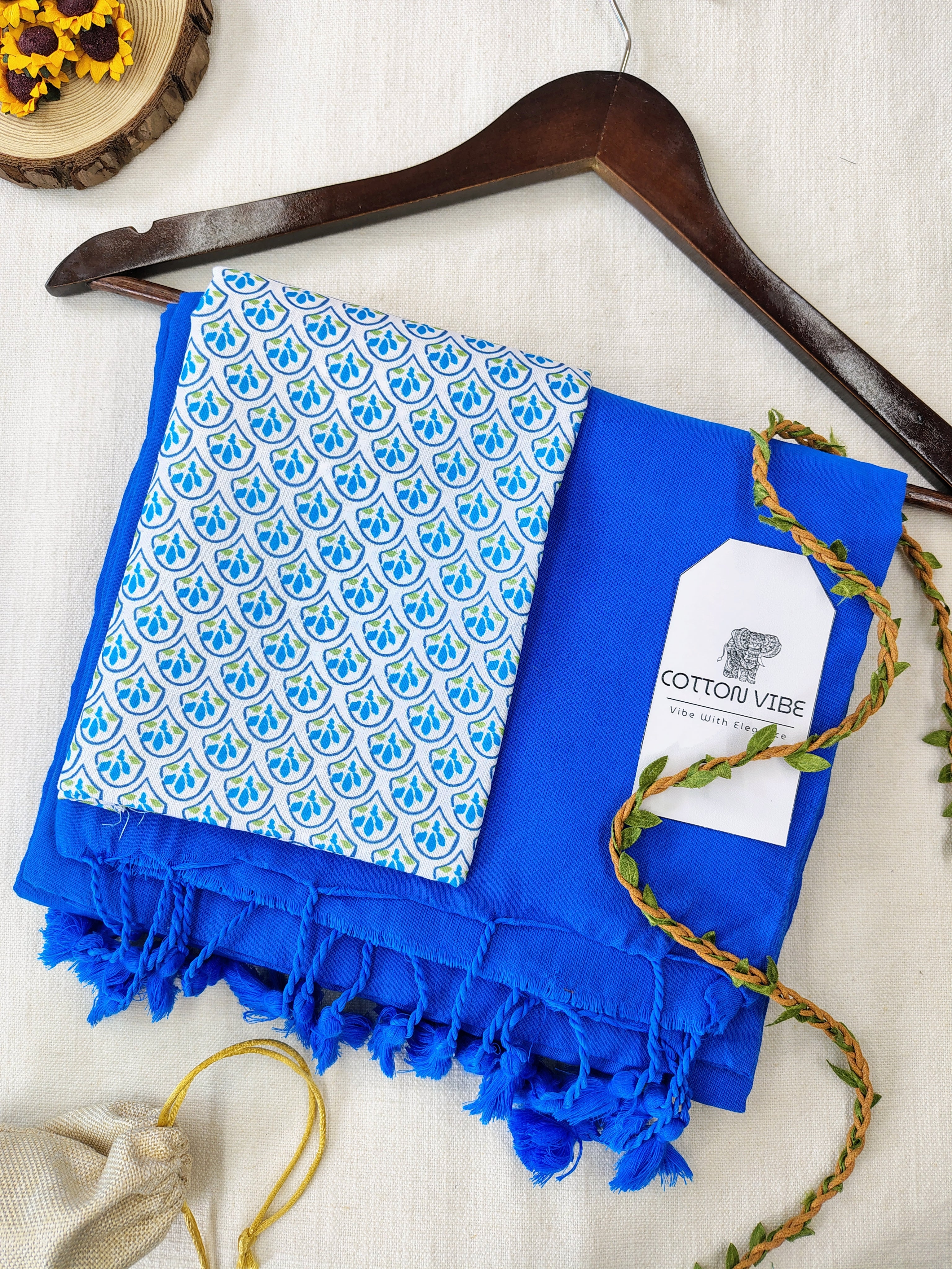 Sky Cotton Khadi Saree With Designer Flower Based Printed Blouse