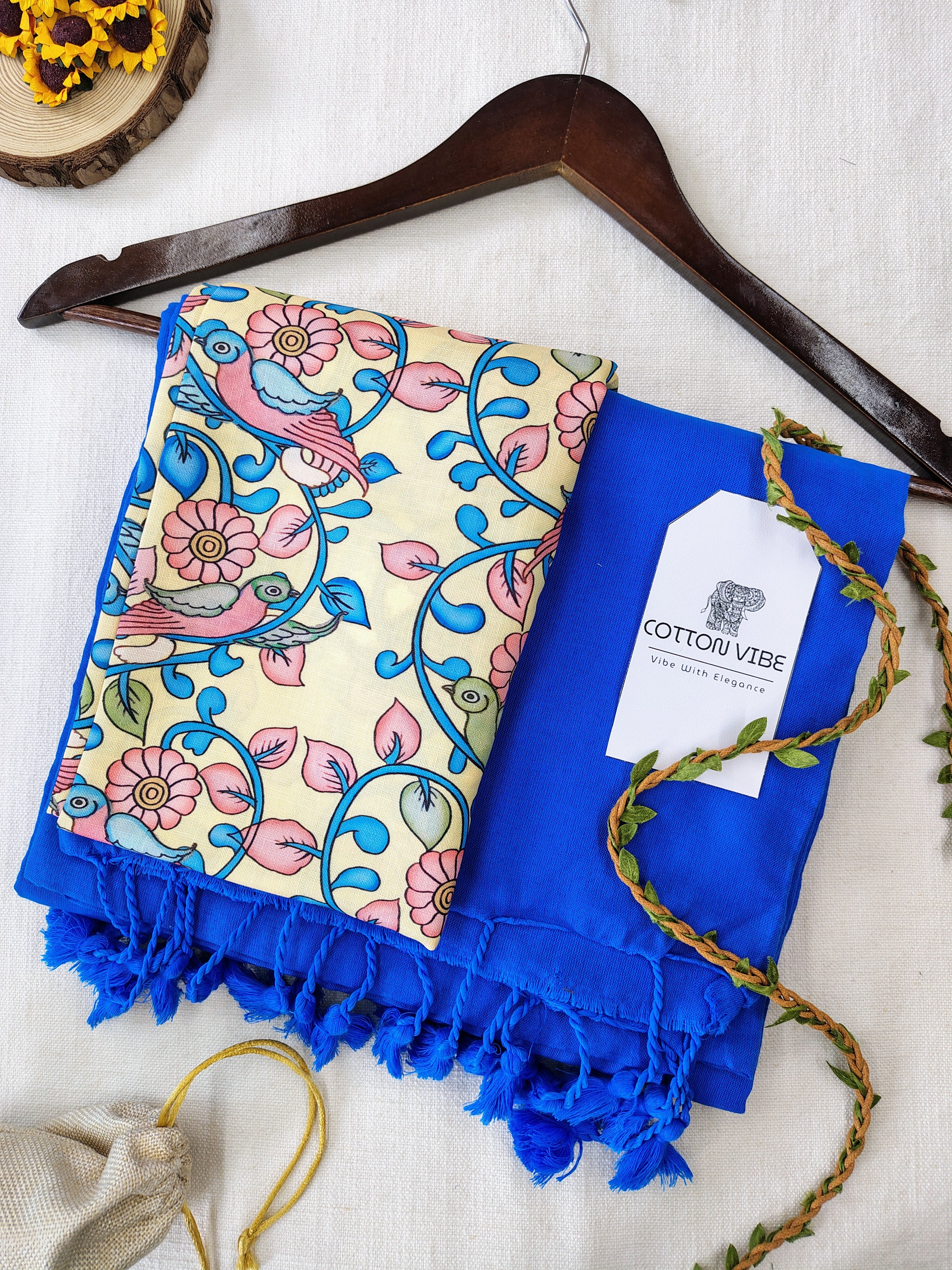 Sky Cotton Khadi Saree With Designer Flower Based Printed Blouse