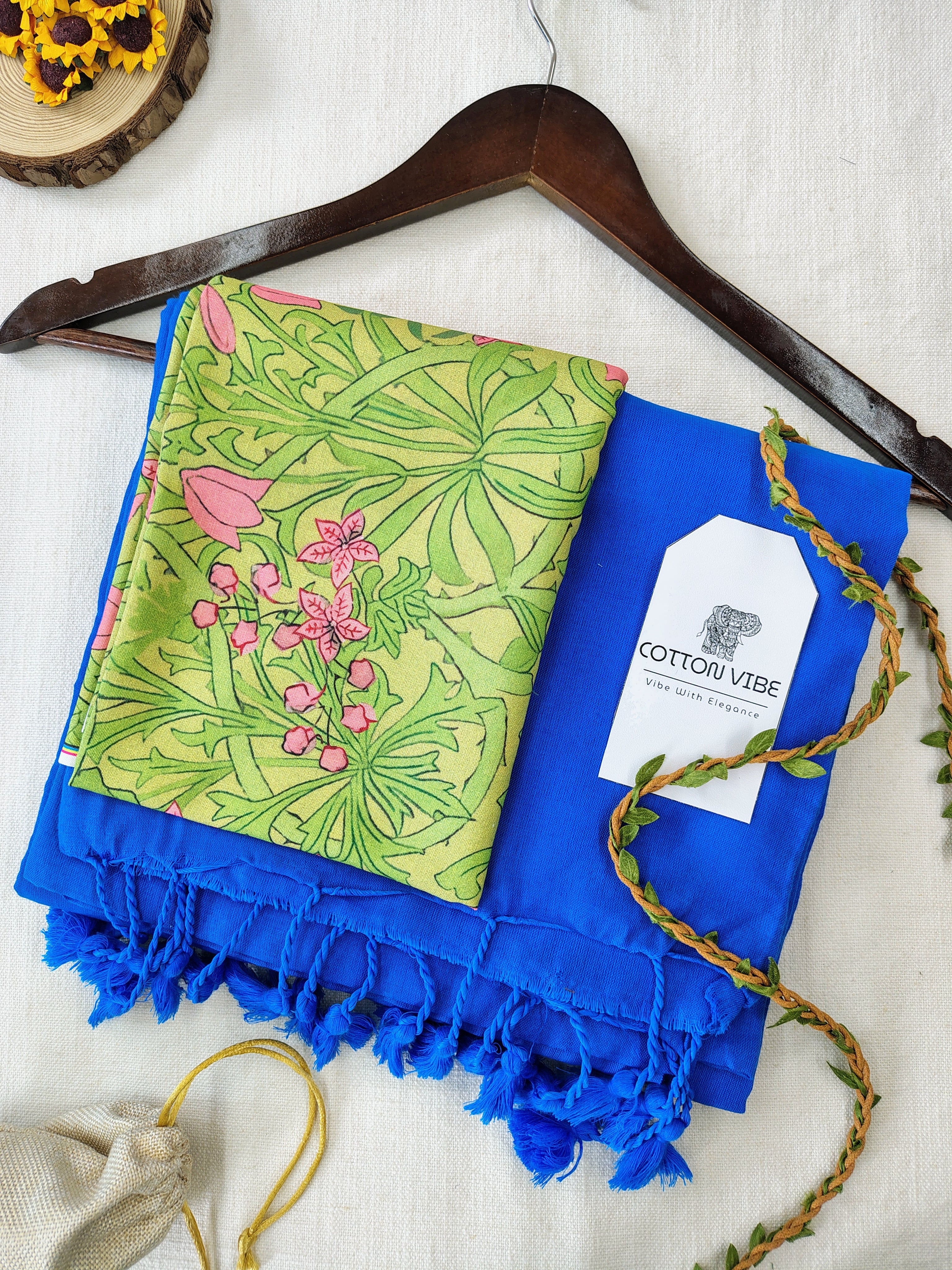 Sky Cotton Khadi Saree With Designer Flower Based Printed Blouse