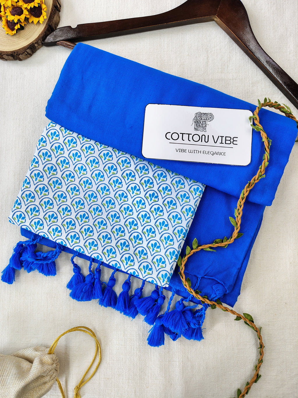 Sky Cotton Khadi Saree With Designer Flower Based Printed Blouse