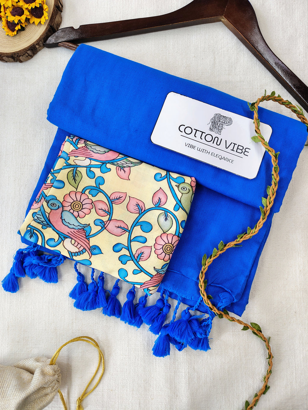 Sky Cotton Khadi Saree With Designer Flower Based Printed Blouse