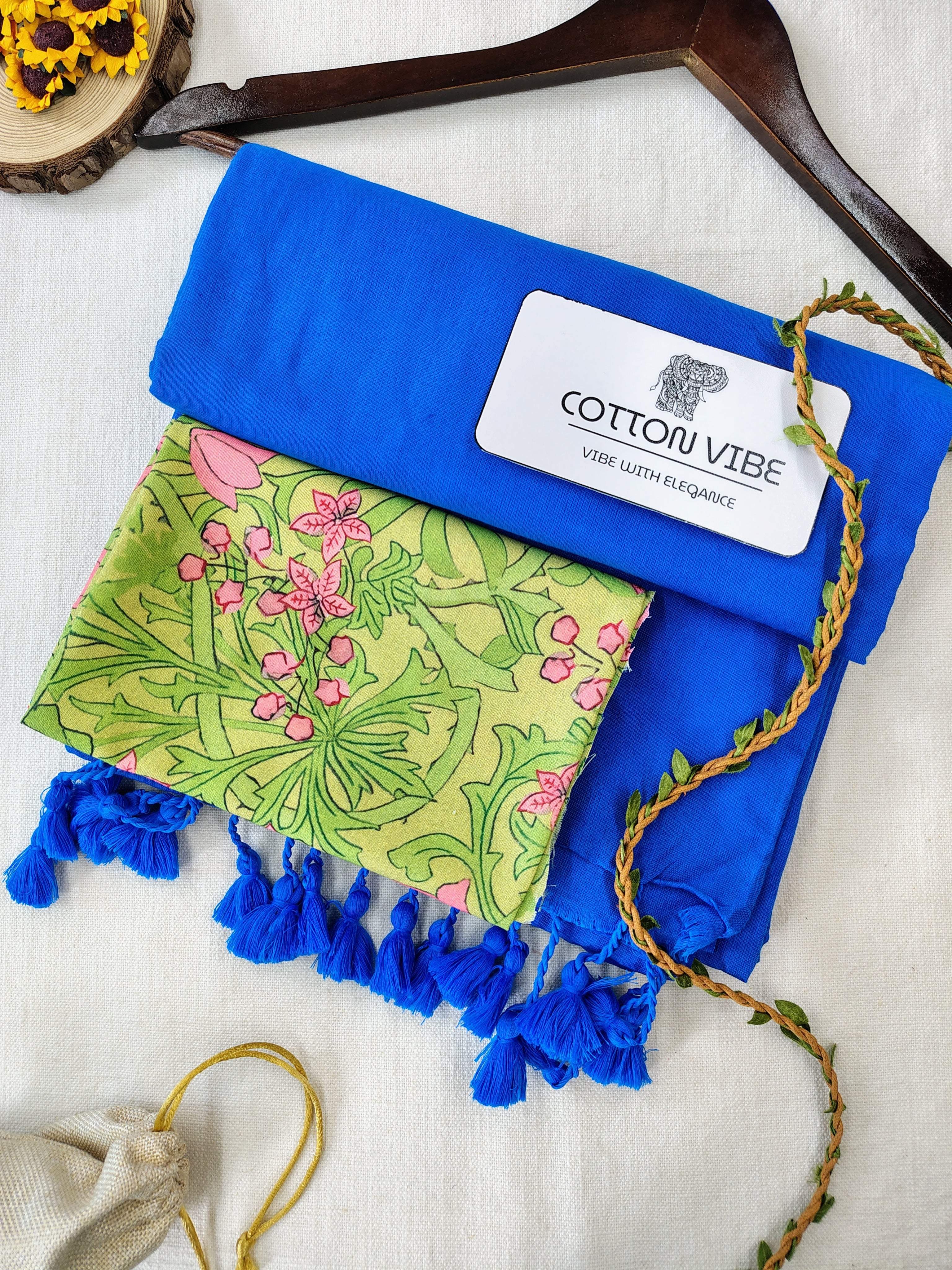 Sky Cotton Khadi Saree With Designer Flower Based Printed Blouse