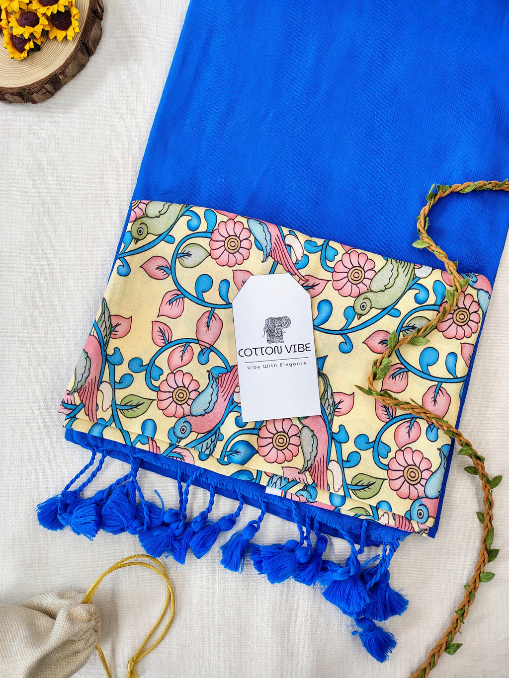 Sky Cotton Khadi Saree With Designer Flower Based Printed Blouse