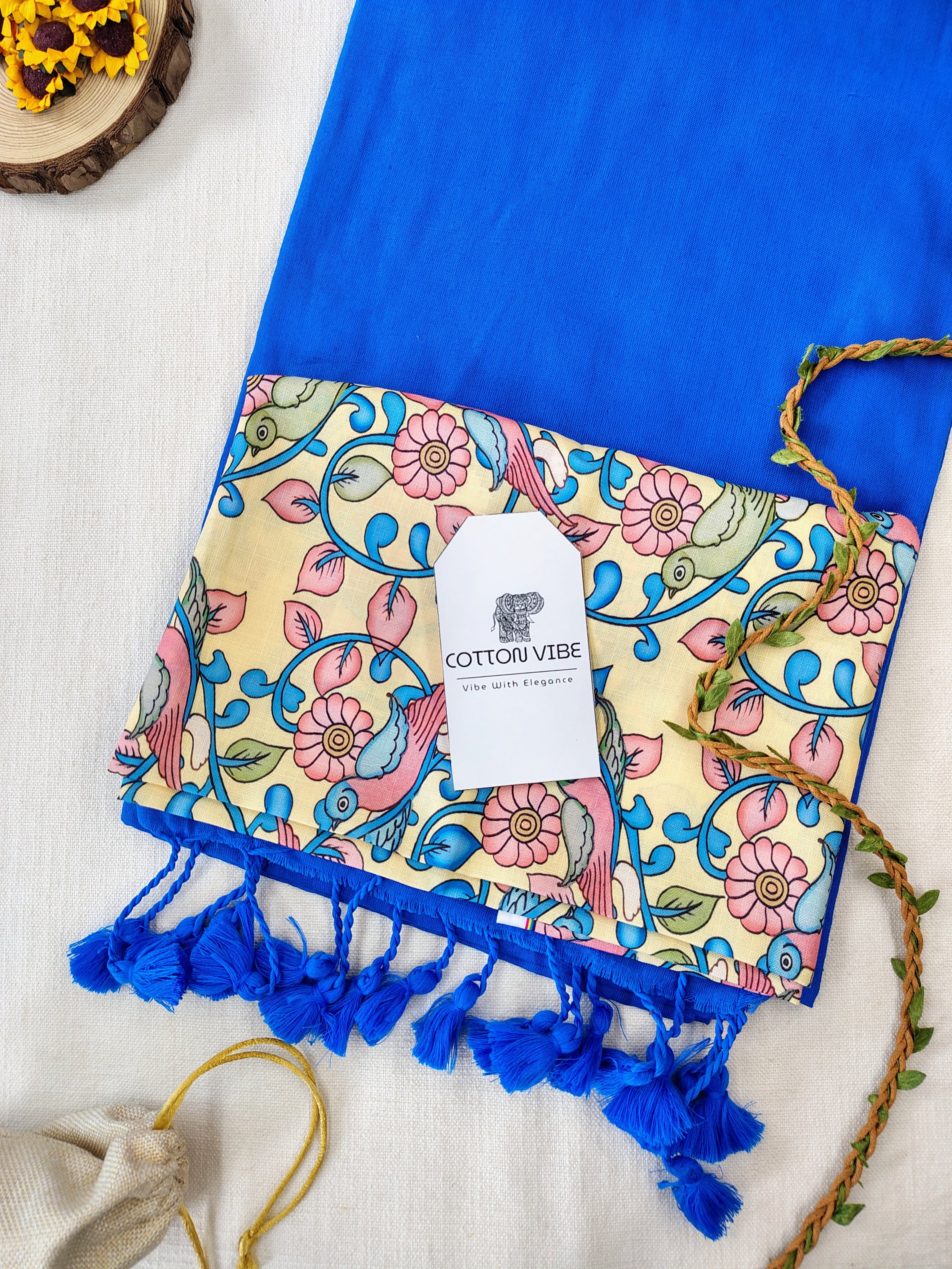 Sky Cotton Khadi Saree With Designer Flower Based Printed Blouse