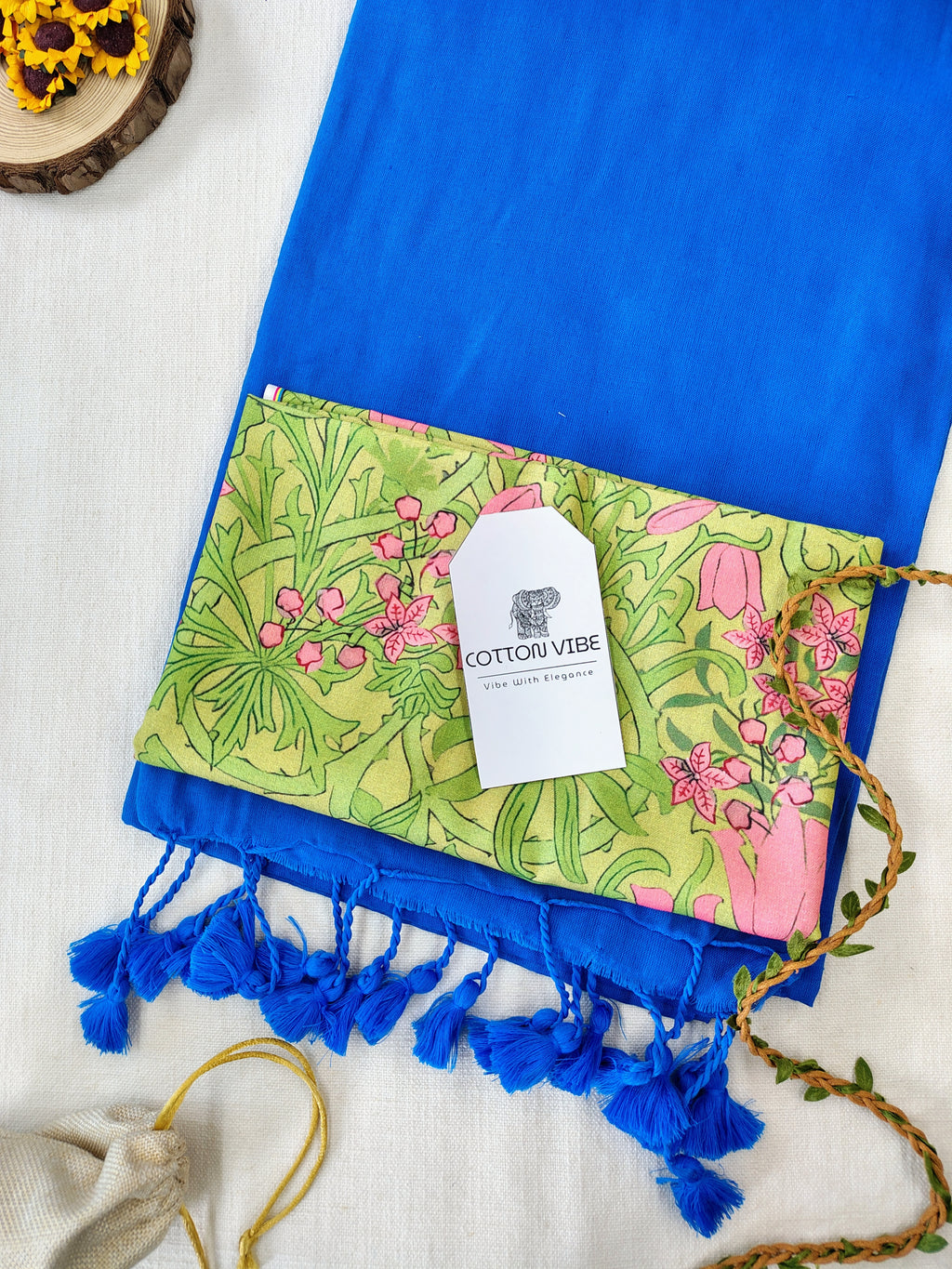 Sky Cotton Khadi Saree With Designer Flower Based Printed Blouse