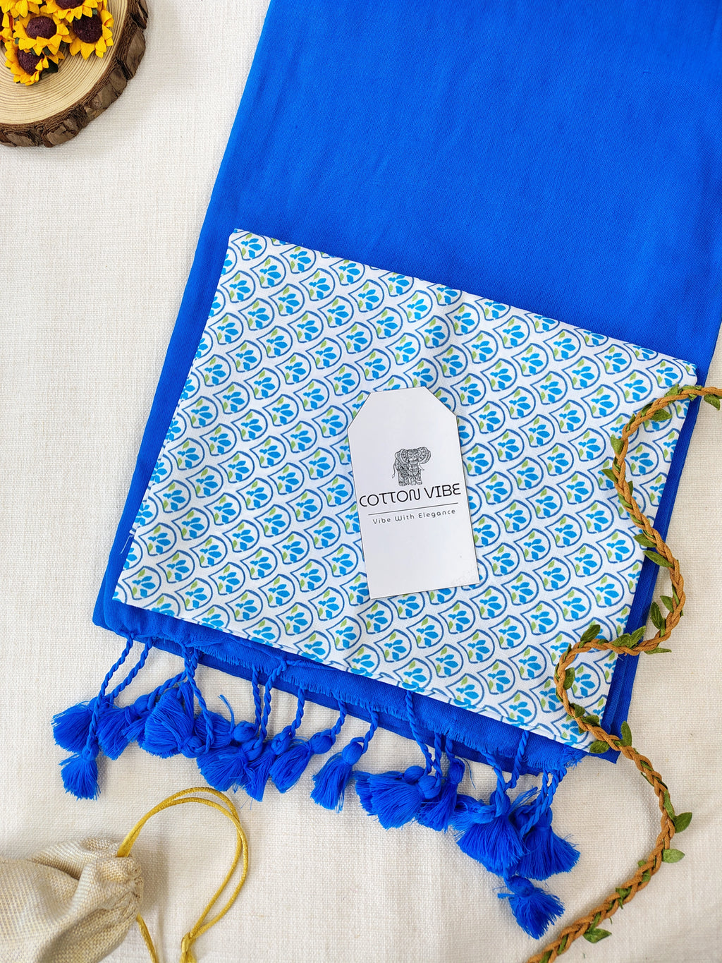 Sky Cotton Khadi Saree With Designer Flower Based Printed Blouse