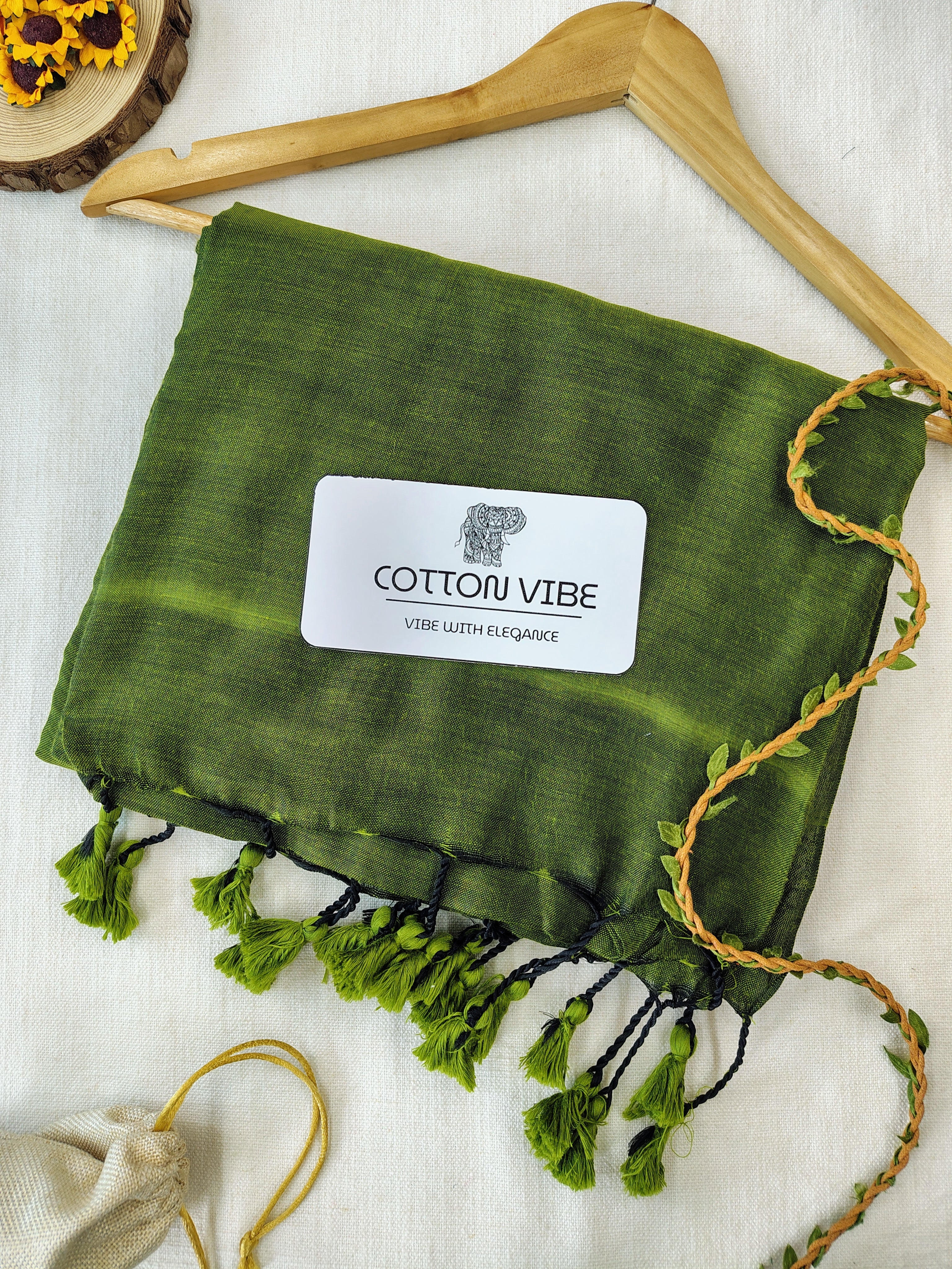 Olive Cotton Khadi Saree With Designer Flower Based Printed Blouse