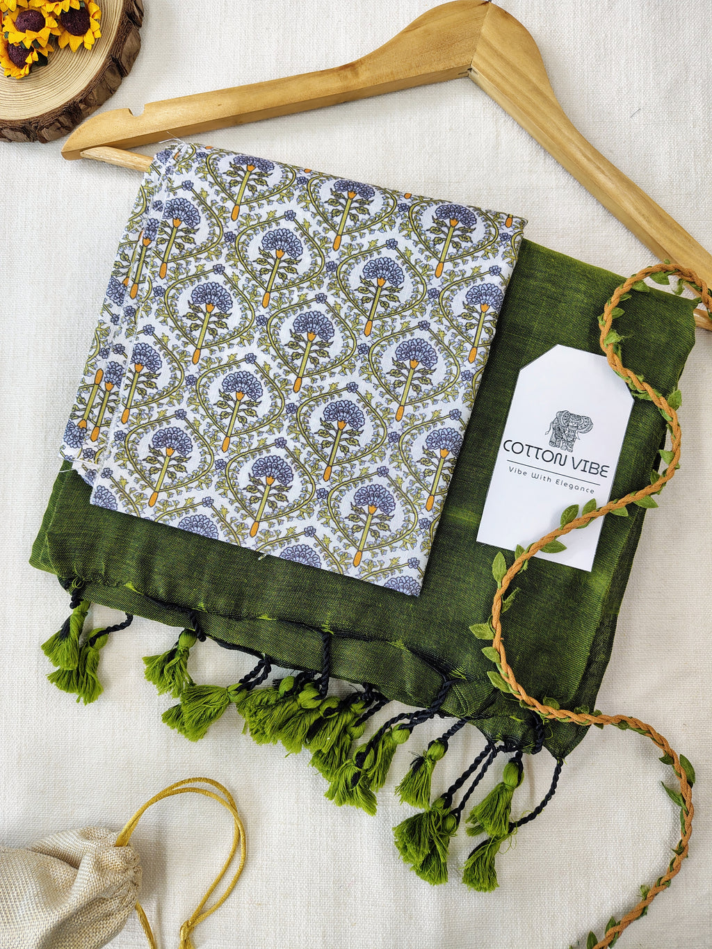 Olive Cotton Khadi Saree With Designer Flower Based Printed Blouse