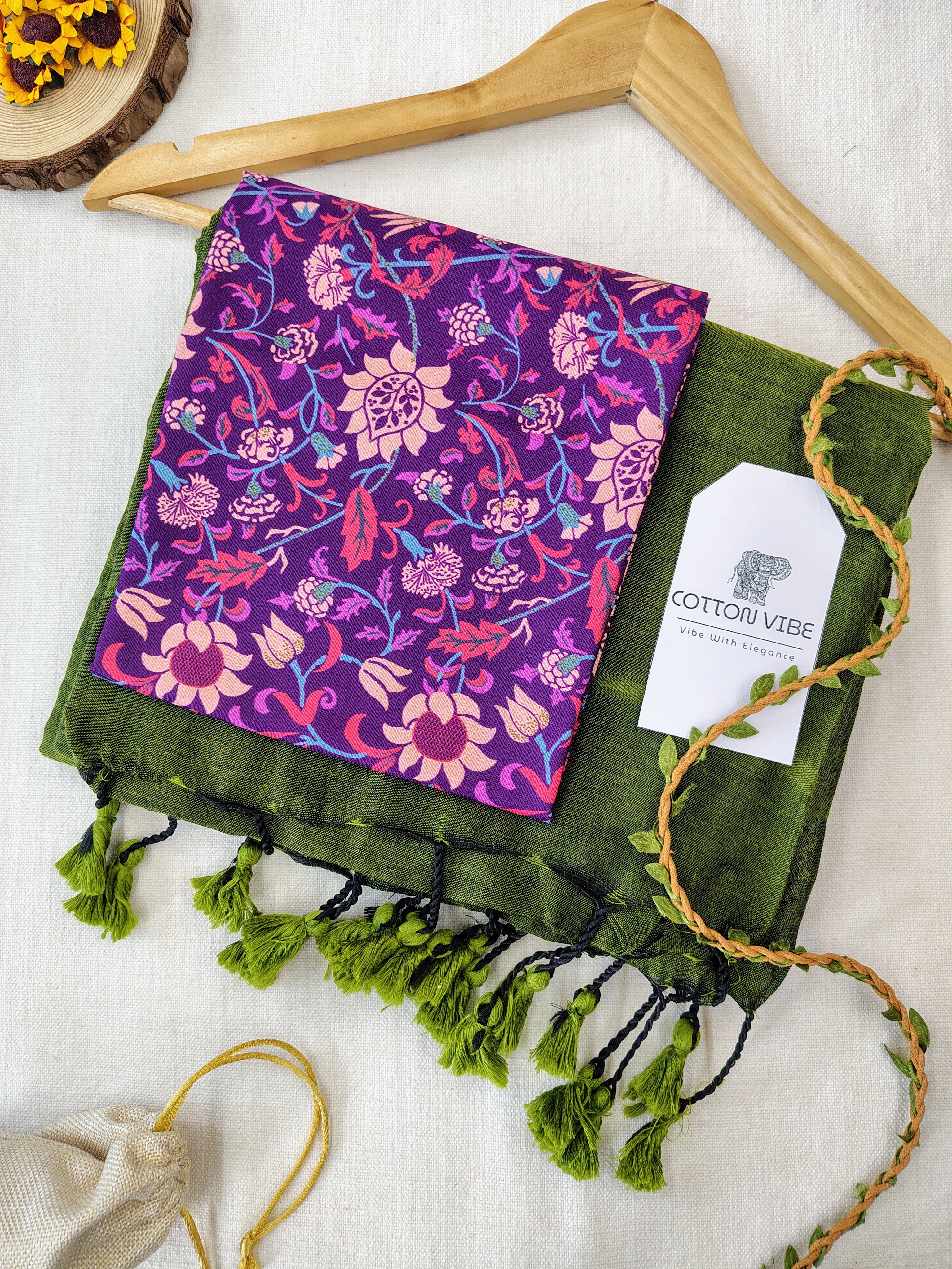 Olive Cotton Khadi Saree With Designer Flower Based Printed Blouse