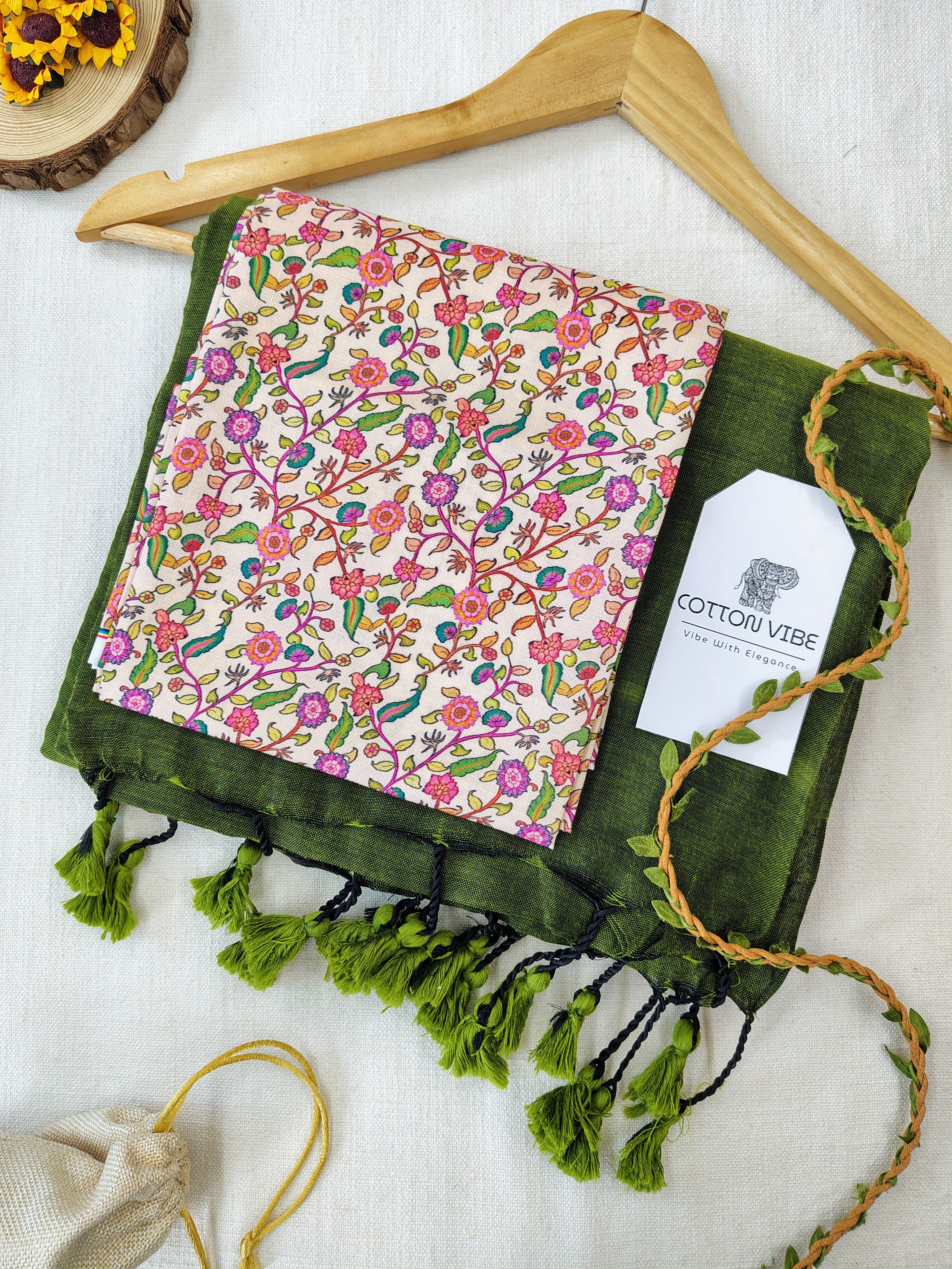 Olive Cotton Khadi Saree With Designer Flower Based Printed Blouse