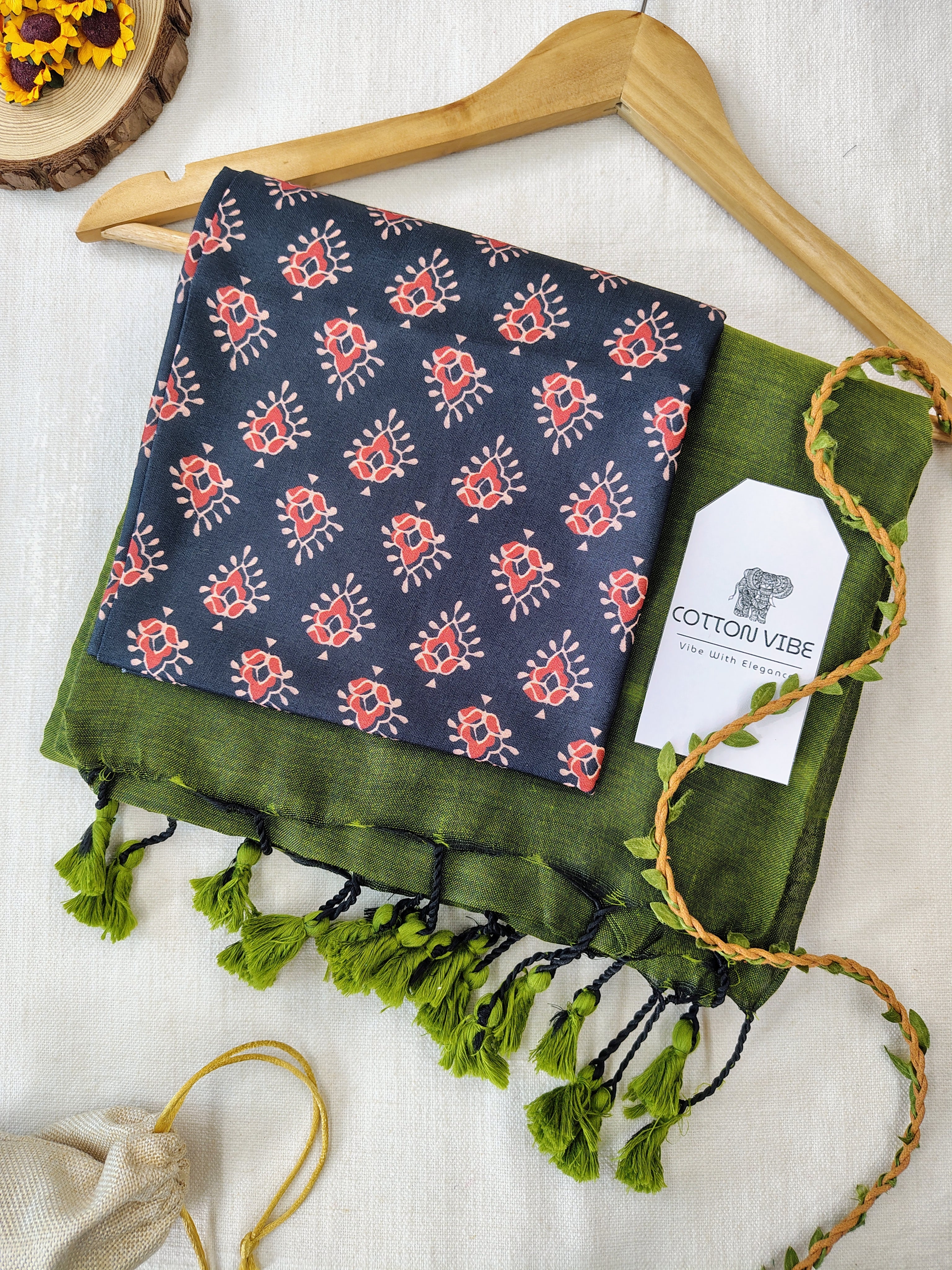 Olive Cotton Khadi Saree With Designer Flower Based Printed Blouse