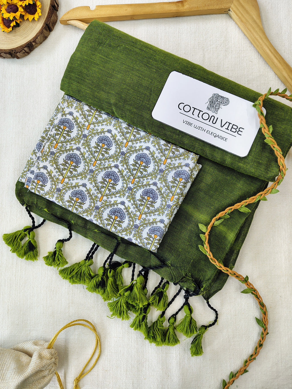 Olive Cotton Khadi Saree With Designer Flower Based Printed Blouse