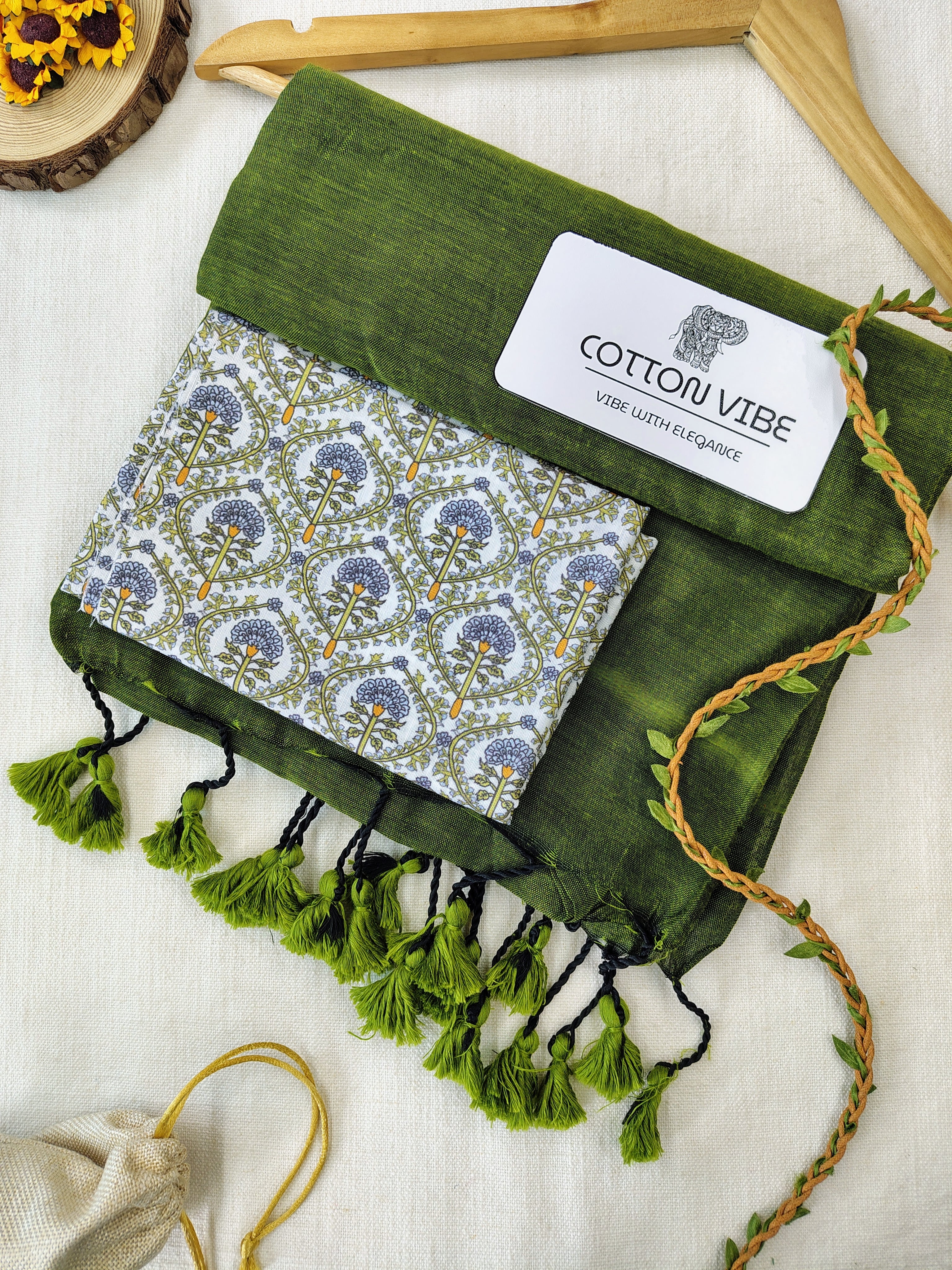 Olive Cotton Khadi Saree With Designer Flower Based Printed Blouse