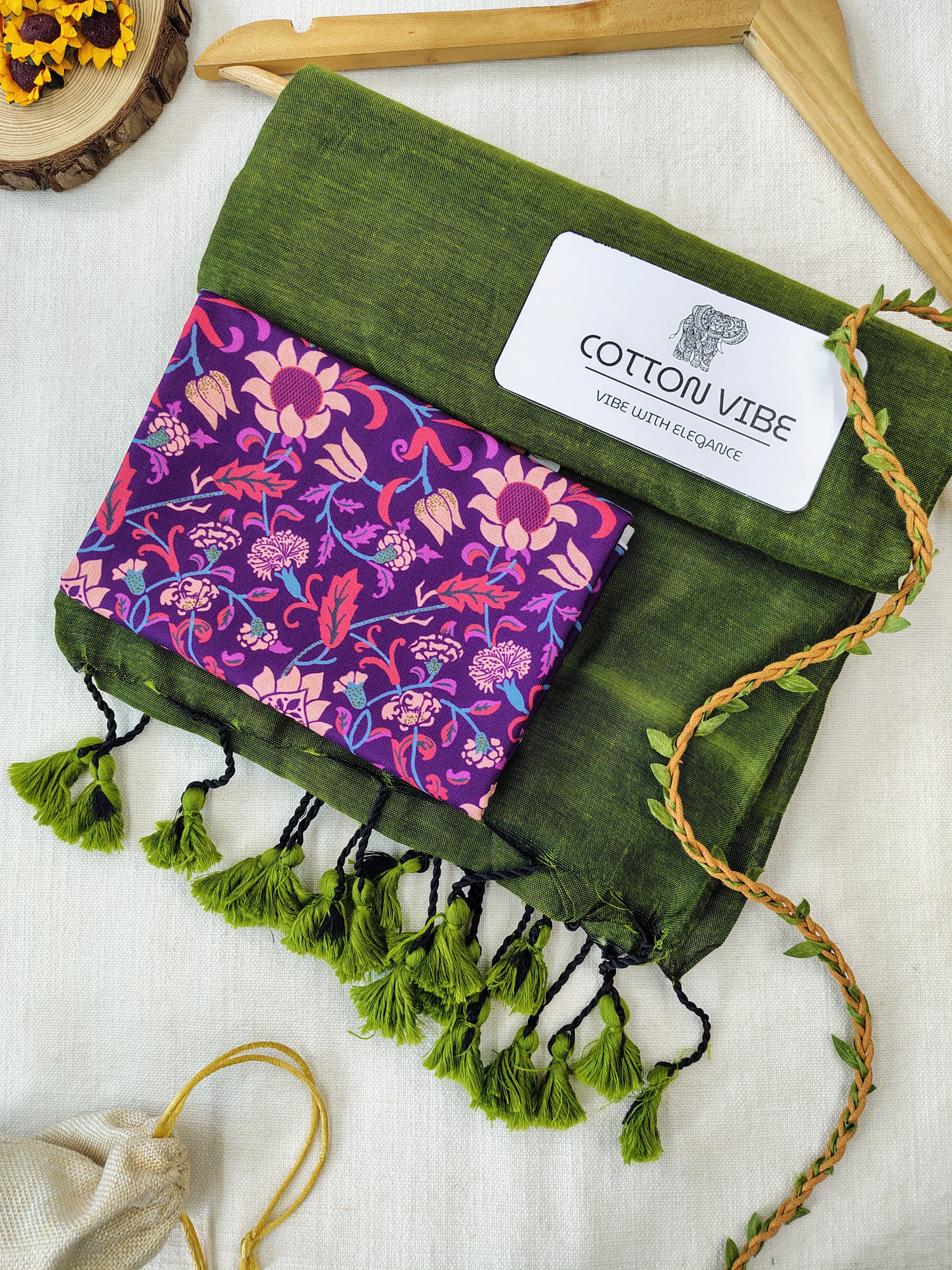 Olive Cotton Khadi Saree With Designer Flower Based Printed Blouse