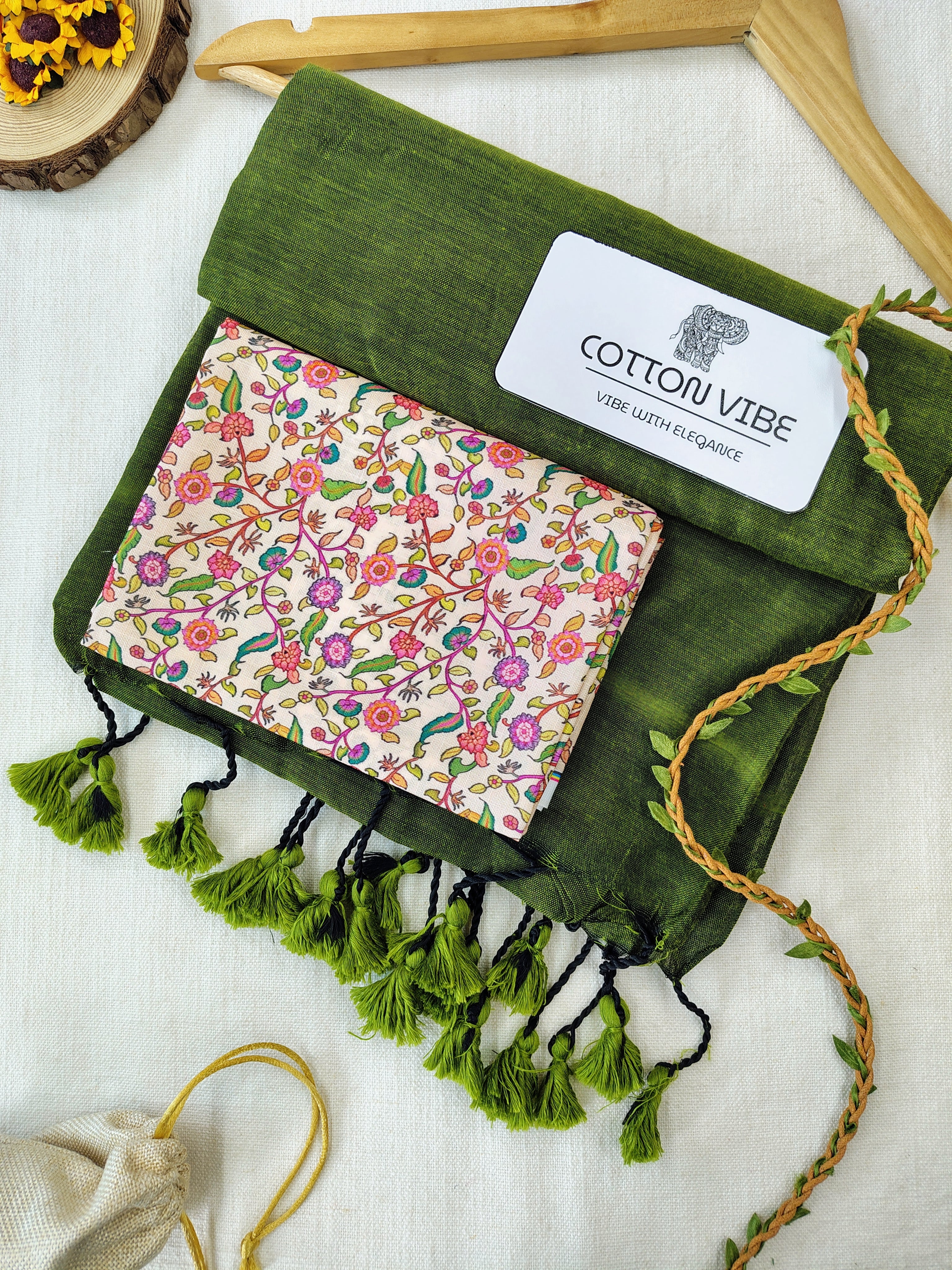 Olive Cotton Khadi Saree With Designer Flower Based Printed Blouse