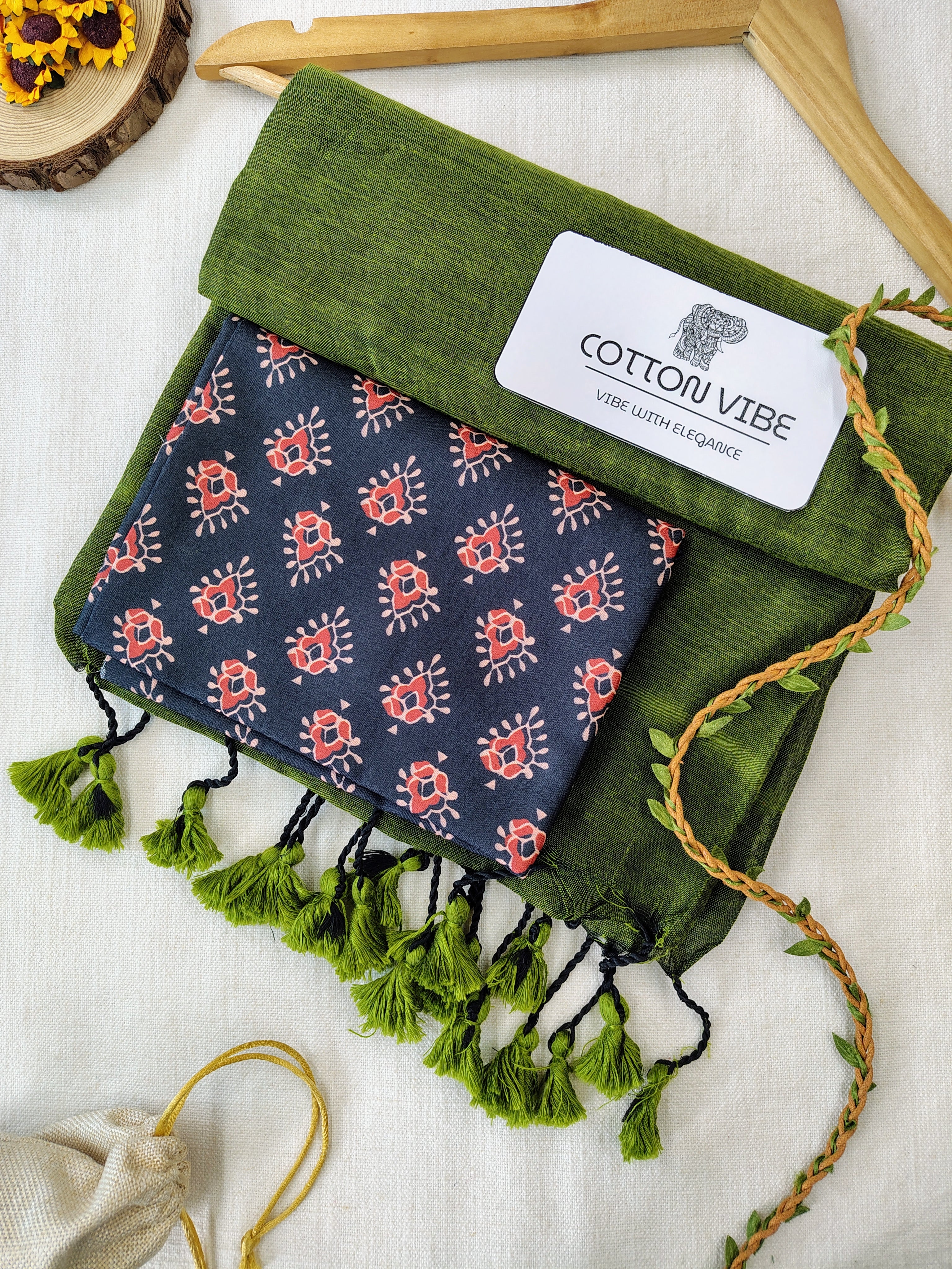 Olive Cotton Khadi Saree With Designer Flower Based Printed Blouse