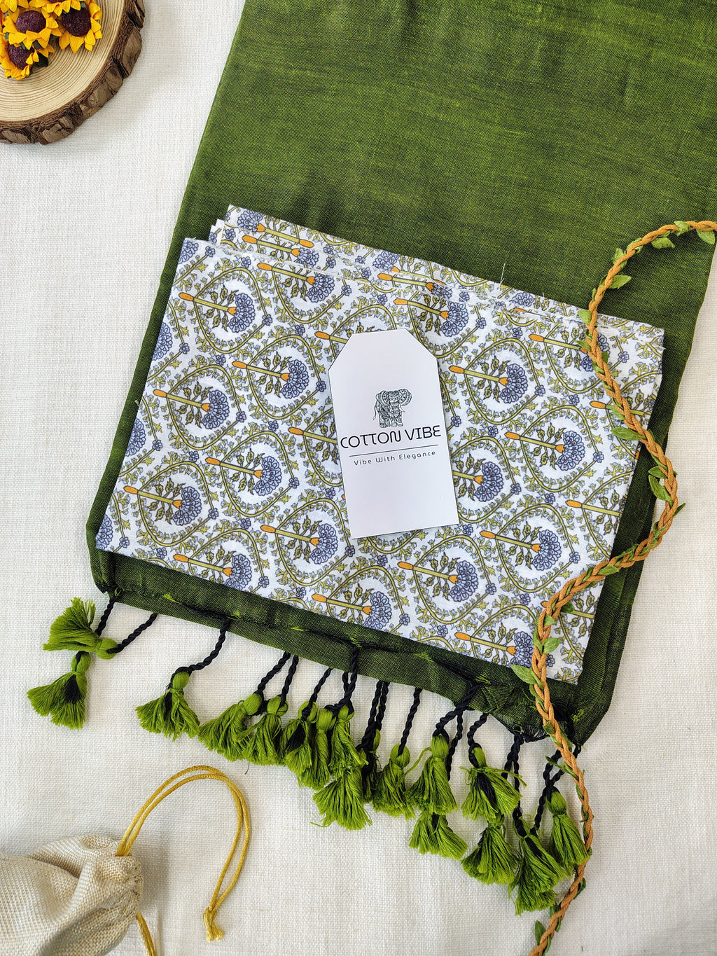 Olive Cotton Khadi Saree With Designer Flower Based Printed Blouse