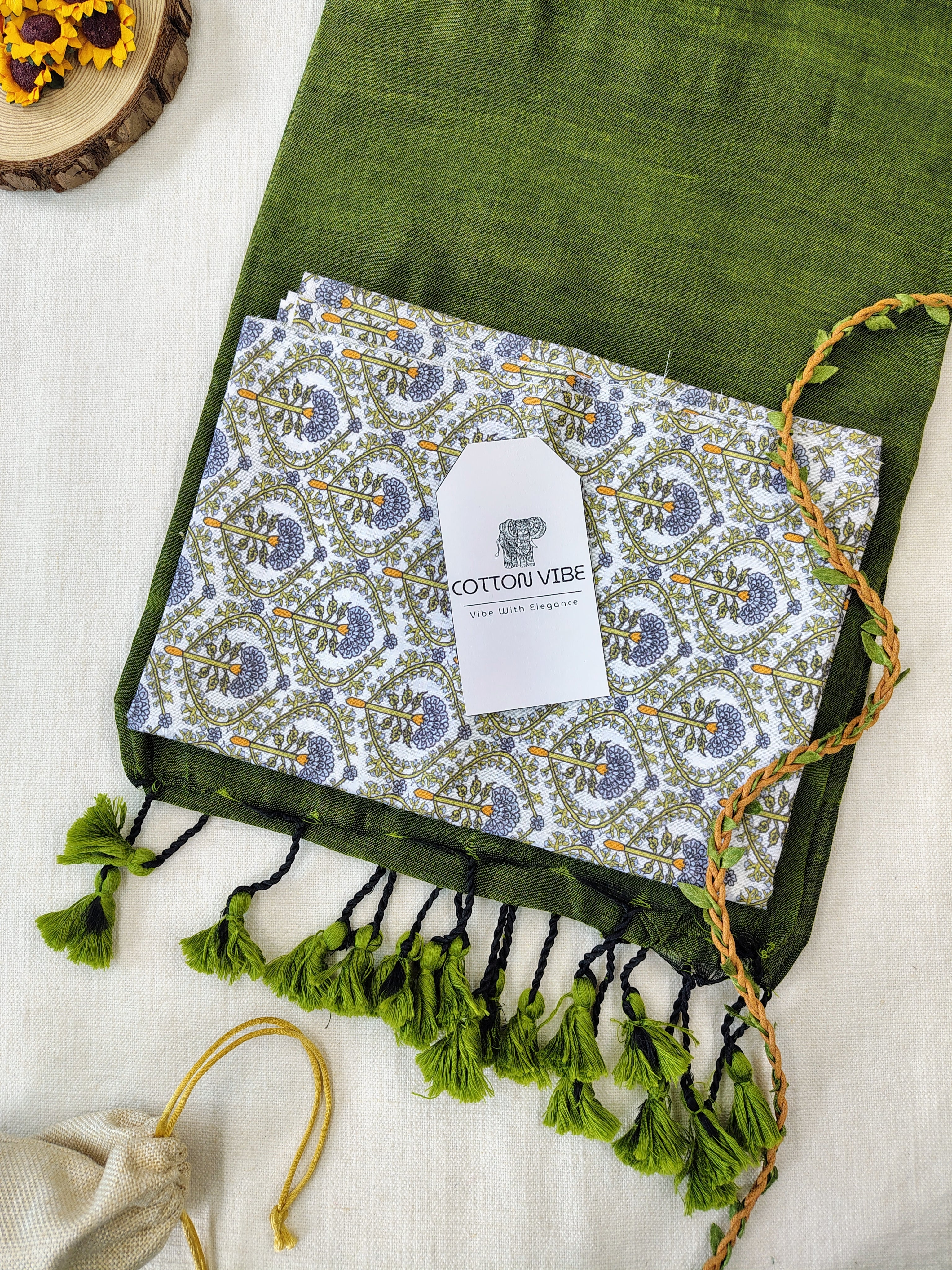 Olive Cotton Khadi Saree With Designer Flower Based Printed Blouse